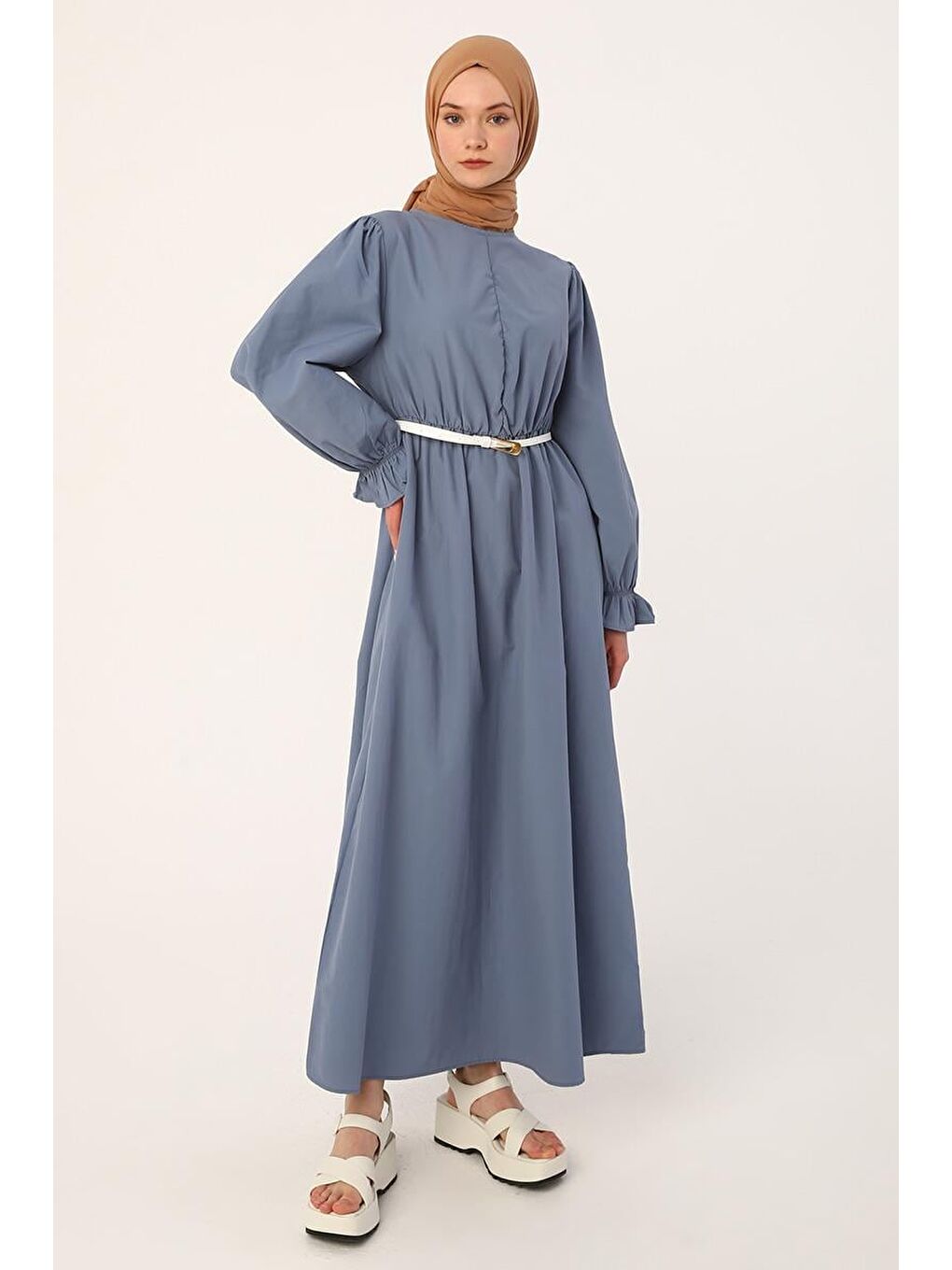 Mavi-Büzgülü Kemerli Elbise