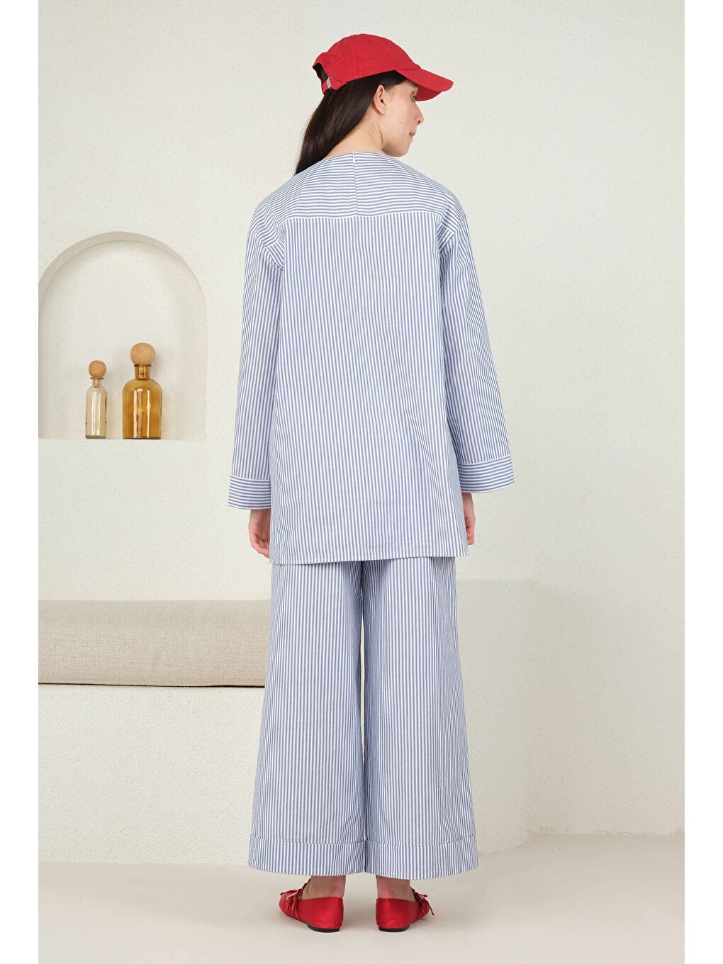 Poplin Çizgili Tunik Mavi-3