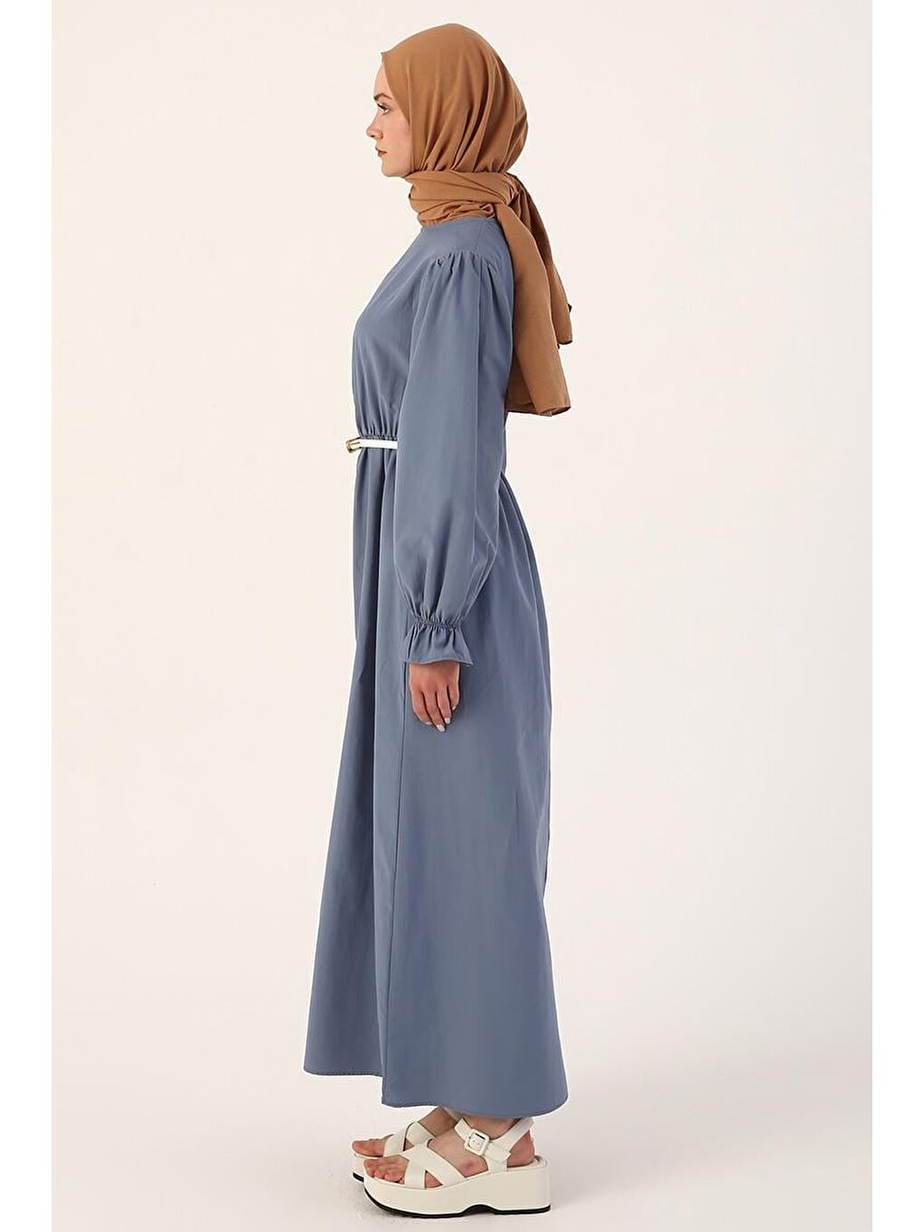 Mavi-Büzgülü Kemerli Elbise-2