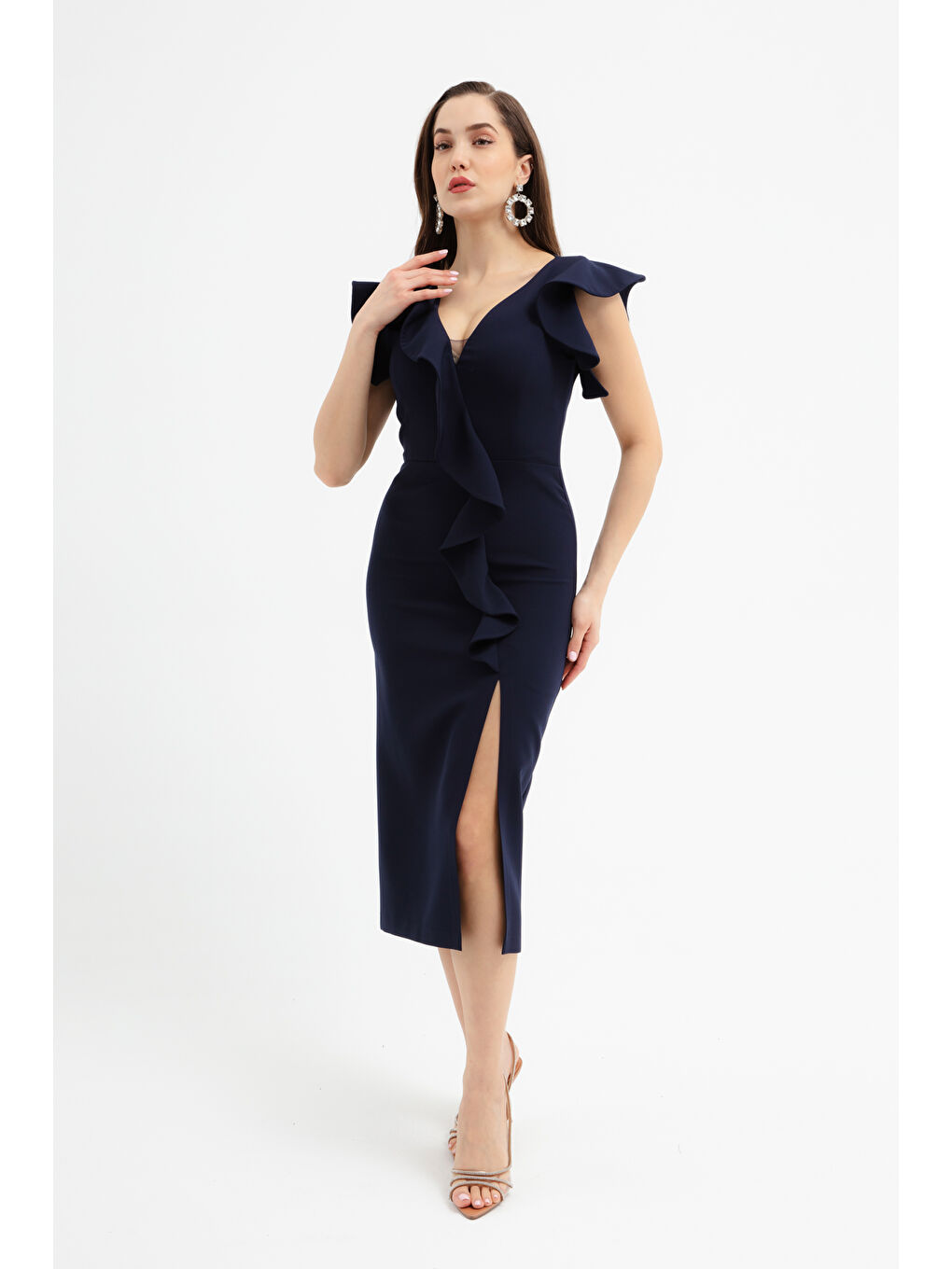 Kadın Lacivert Gül Detay Yırtmaçlı Midi Abiye Elbise