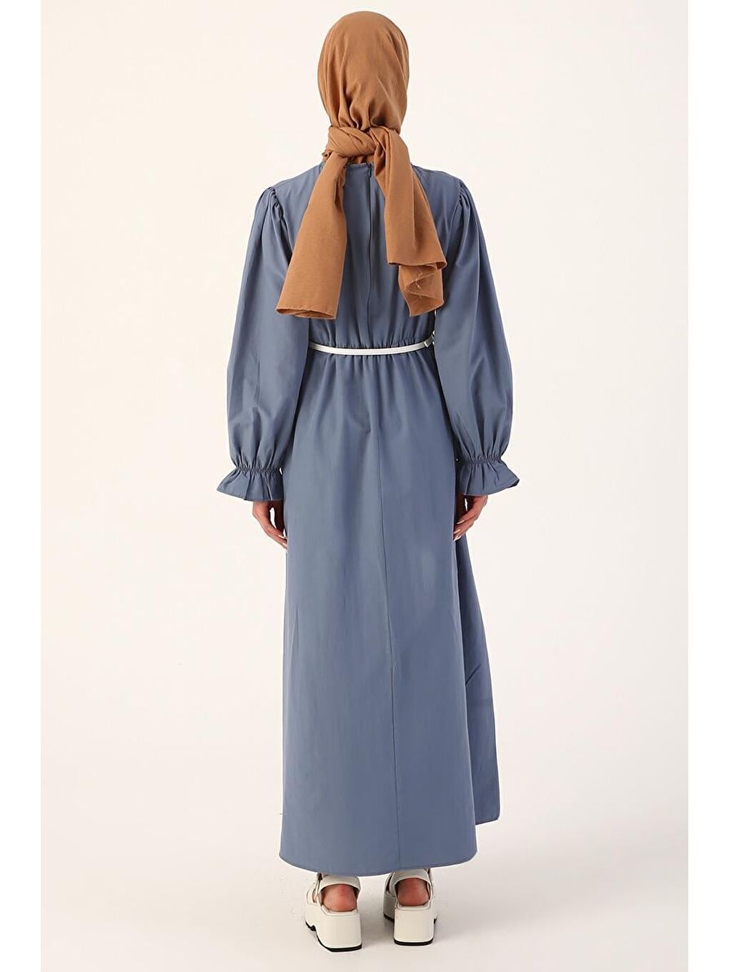 Mavi-Büzgülü Kemerli Elbise-3