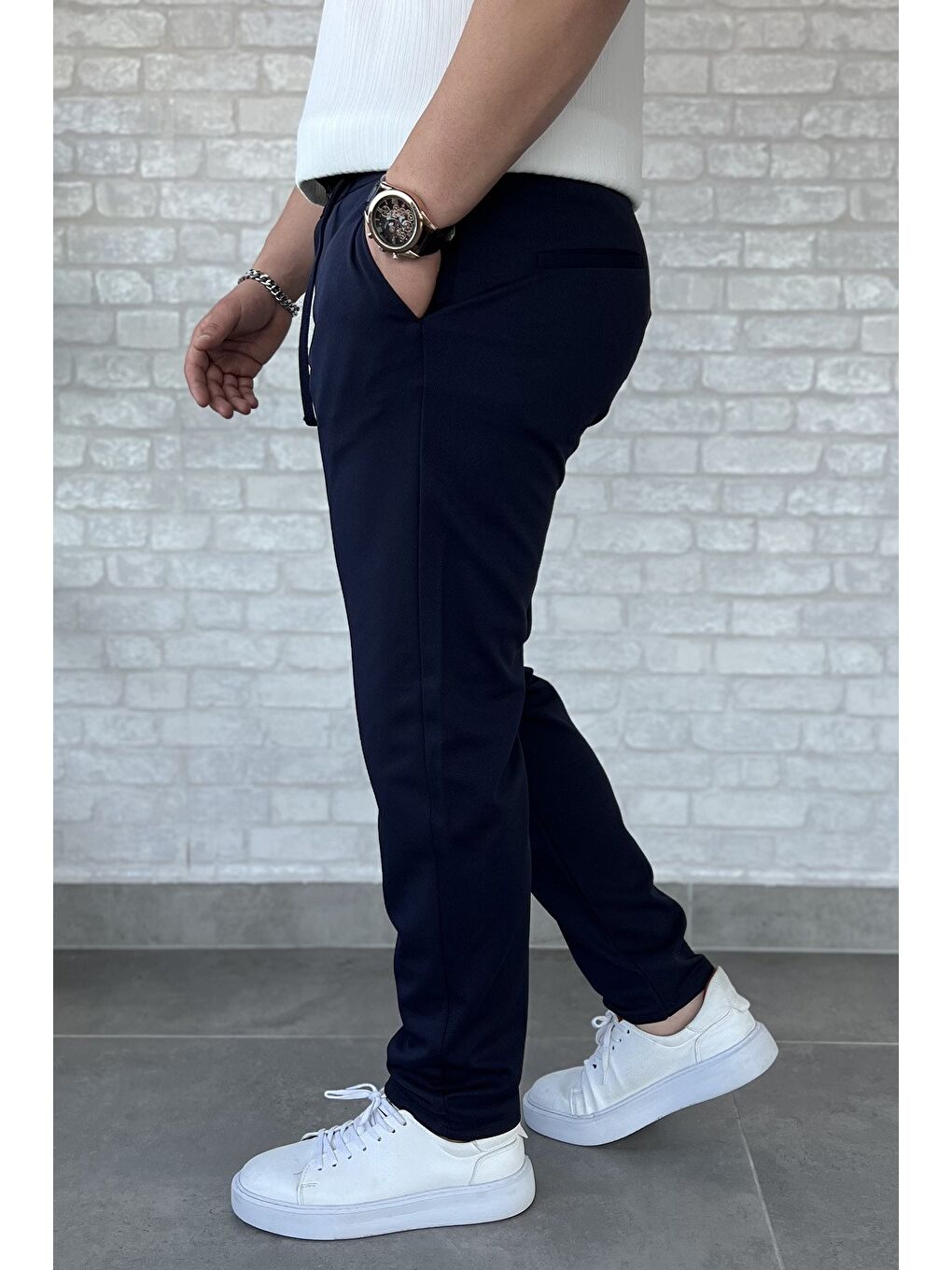 Lacivert Erkek Bel Bağlamalı Pantolon-1