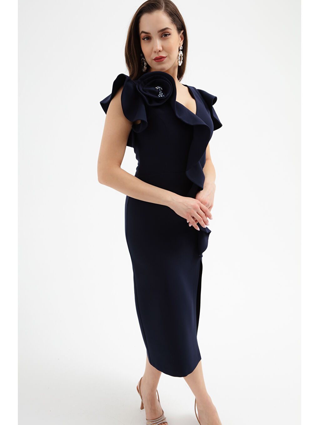 Kadın Lacivert Gül Detay Yırtmaçlı Midi Abiye Elbise-2