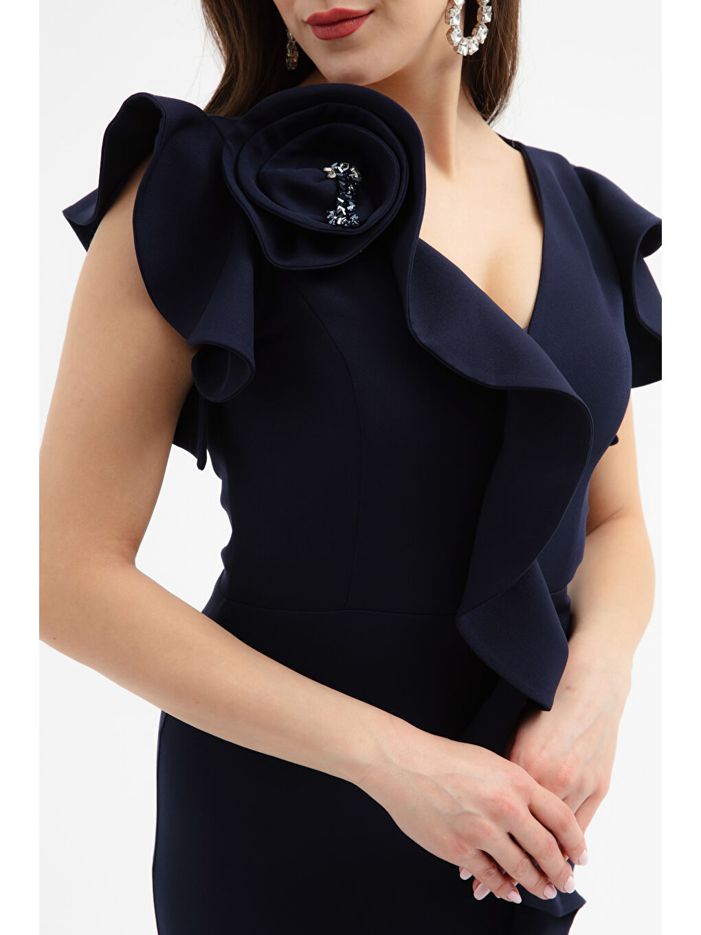 Kadın Lacivert Gül Detay Yırtmaçlı Midi Abiye Elbise-3