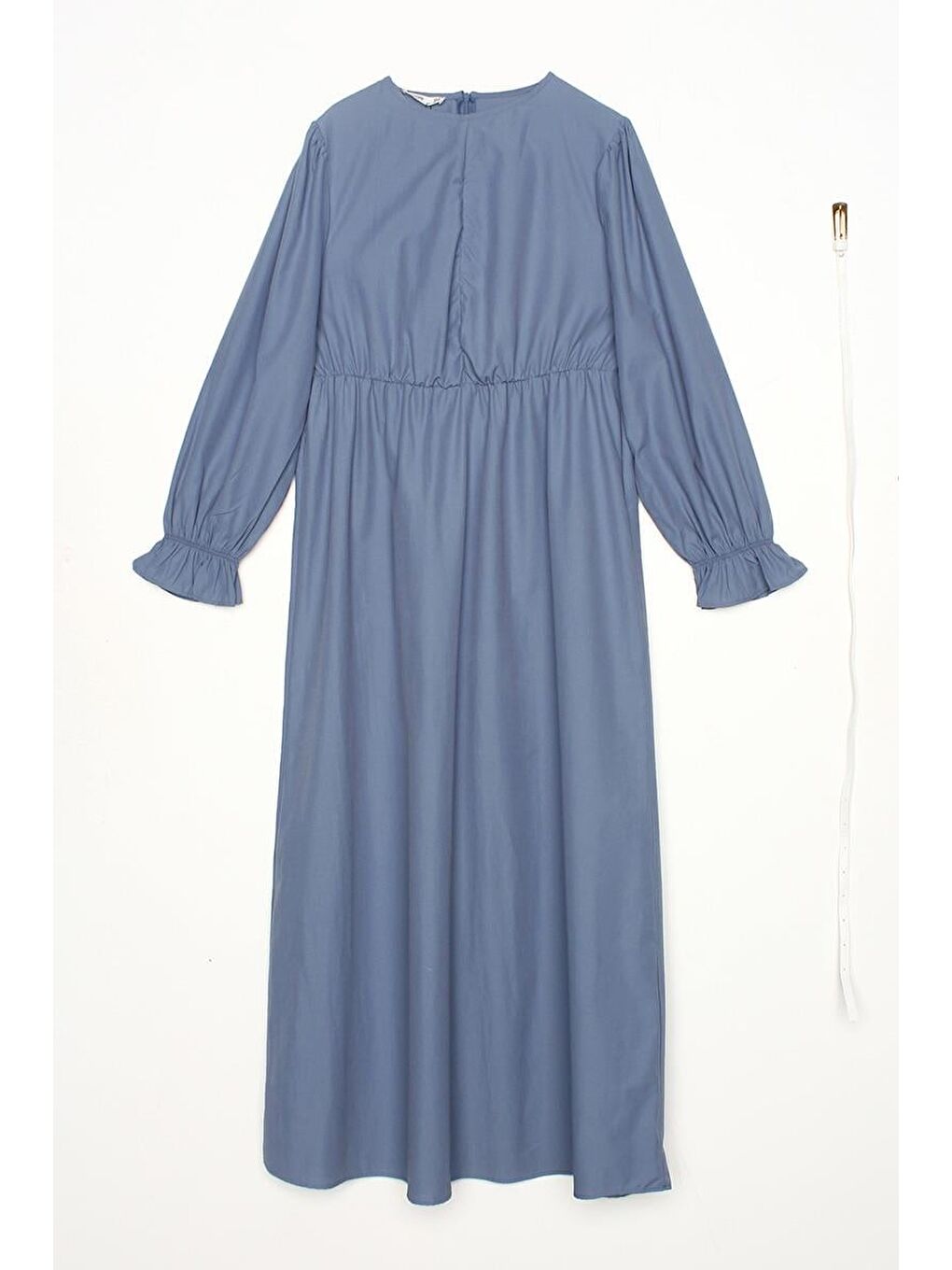 Mavi-Büzgülü Kemerli Elbise-5