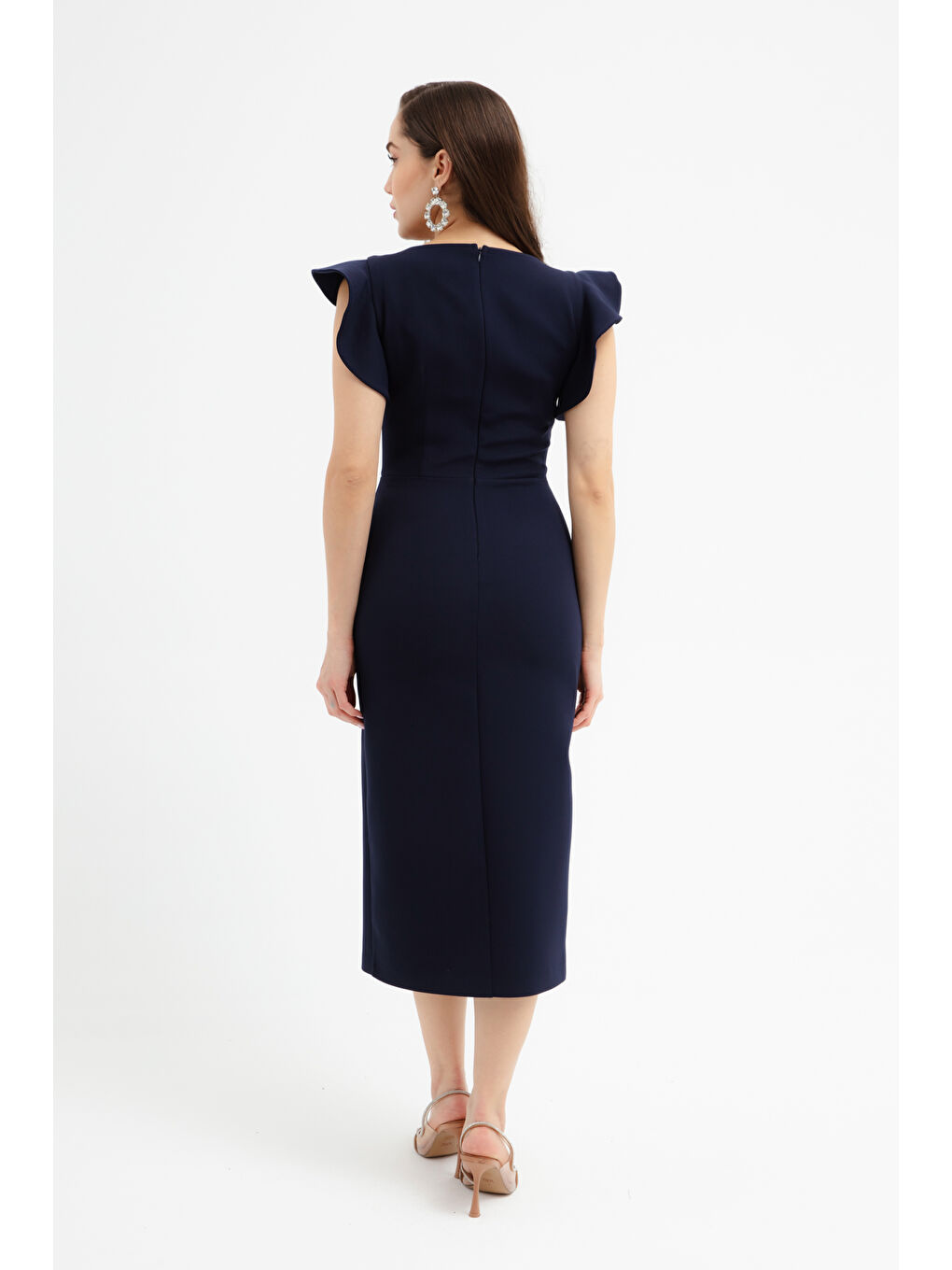 Kadın Lacivert Gül Detay Yırtmaçlı Midi Abiye Elbise-4