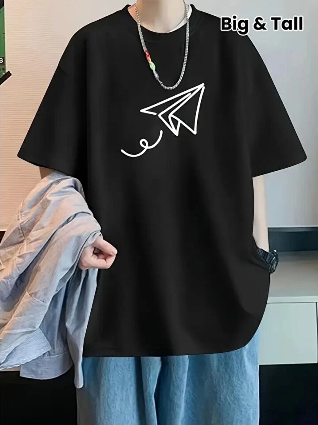 Baskılı Oversize Bisiklet Yaka T-shirt - Siyah-1