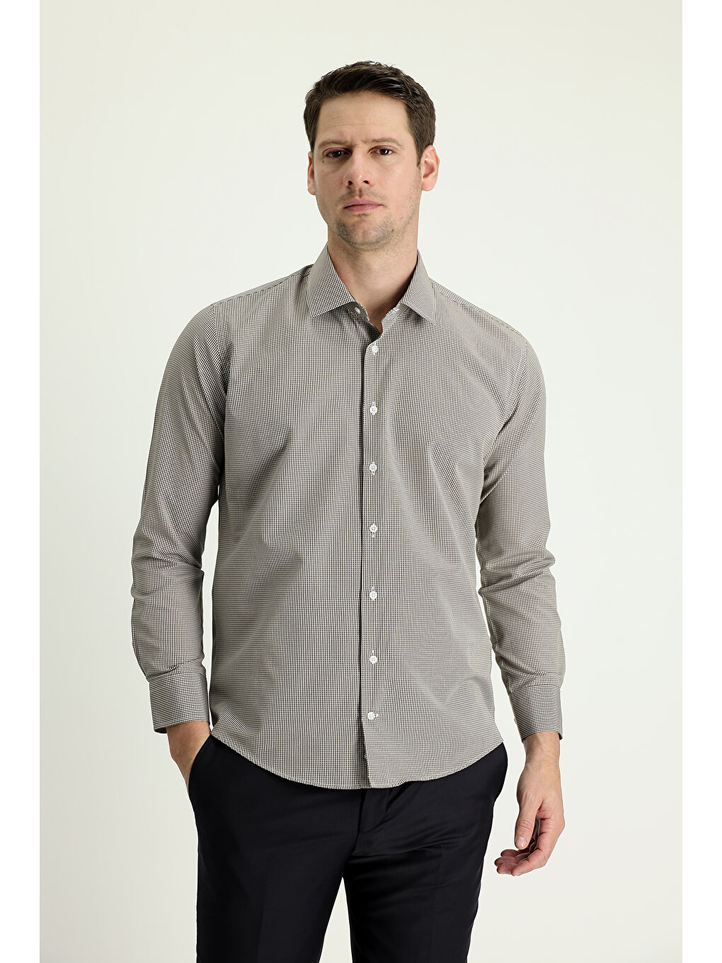 Kahverengi Uzun Kol Slim Fit Dar Kesim Desenli Pamuklu Kolay Ütülenebilir Gömlek