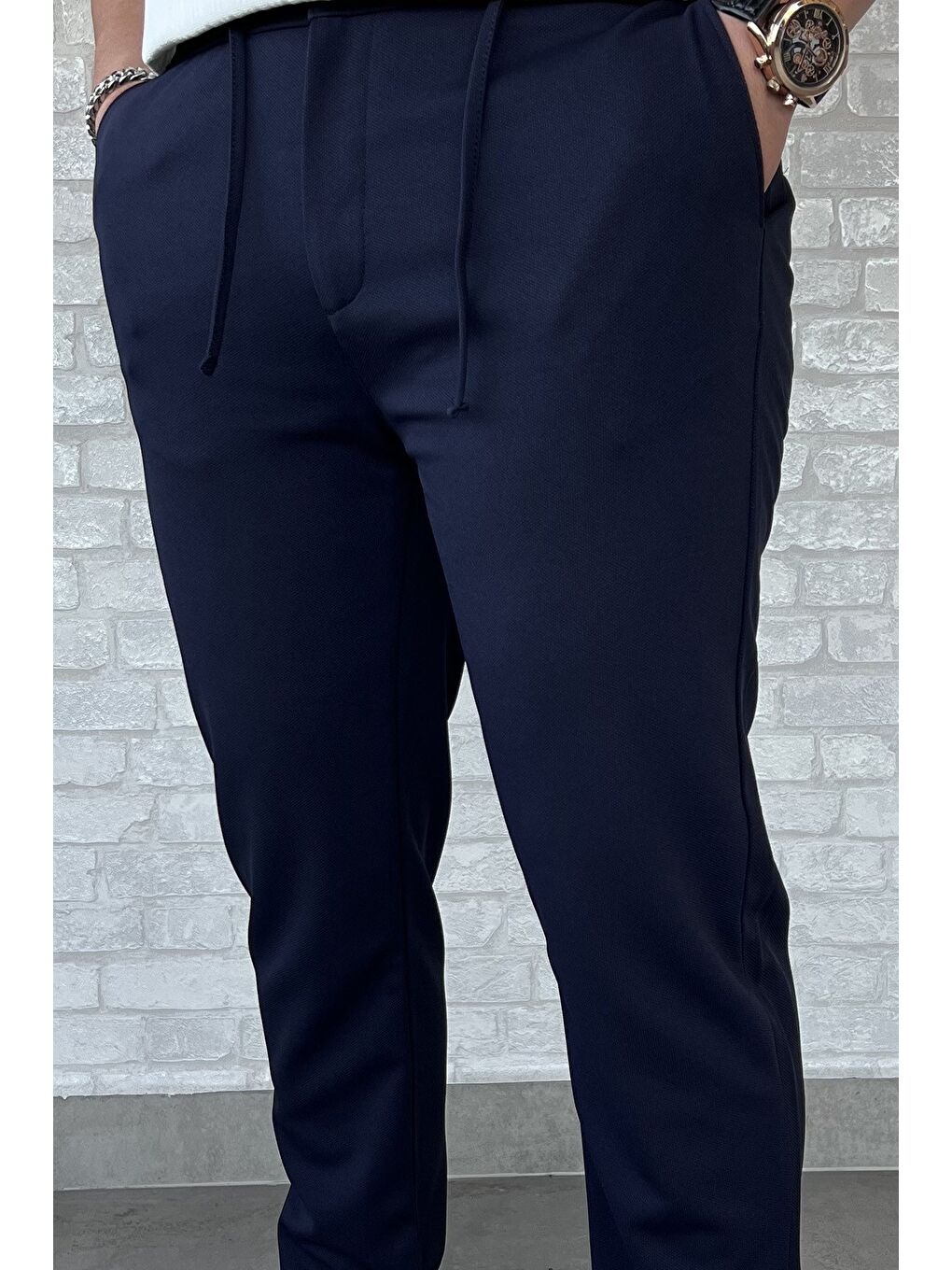 Lacivert Erkek Bel Bağlamalı Pantolon-3