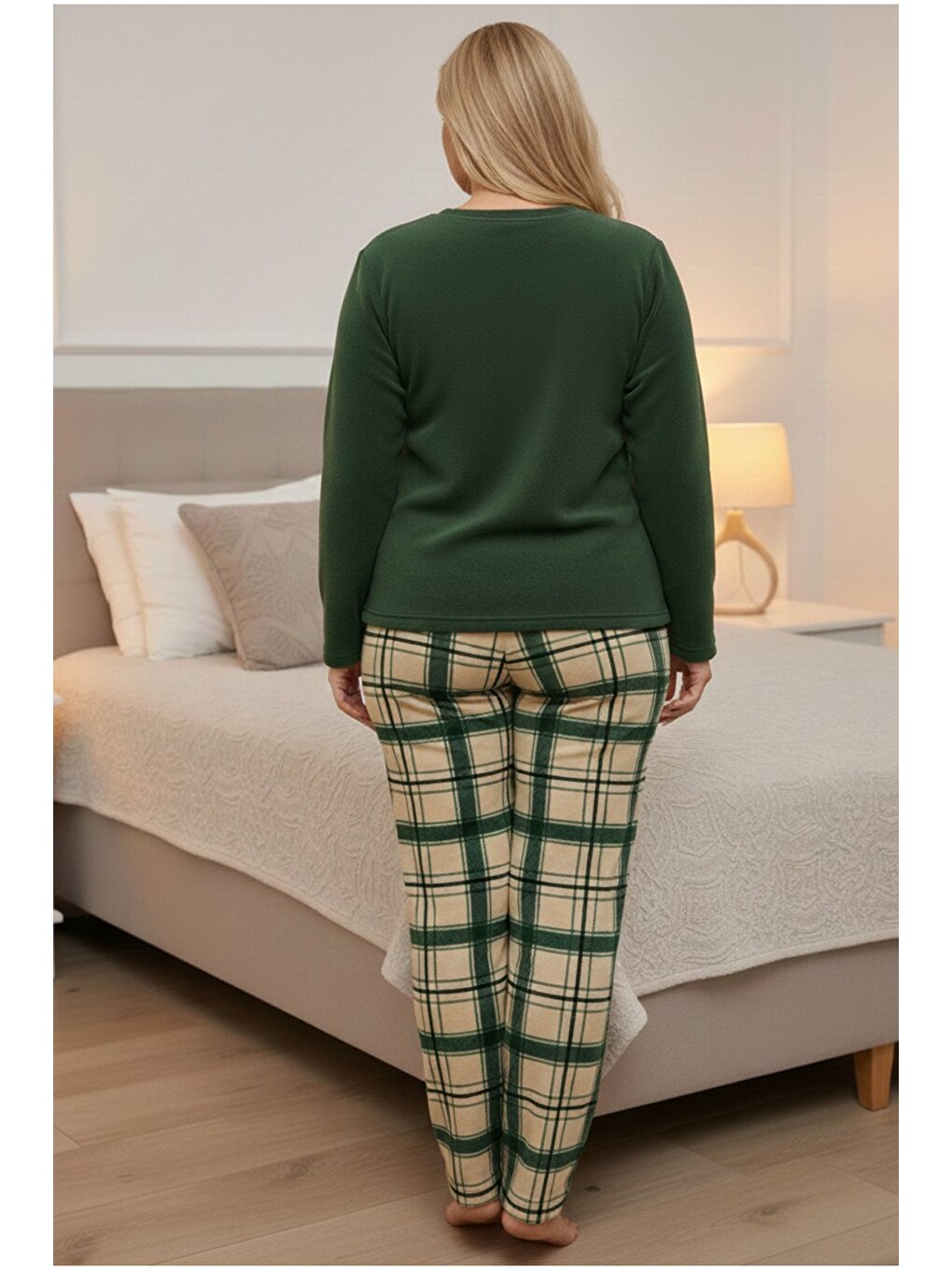 Yeşil Beden Polar Kışlık Örme Pijama Takım-1