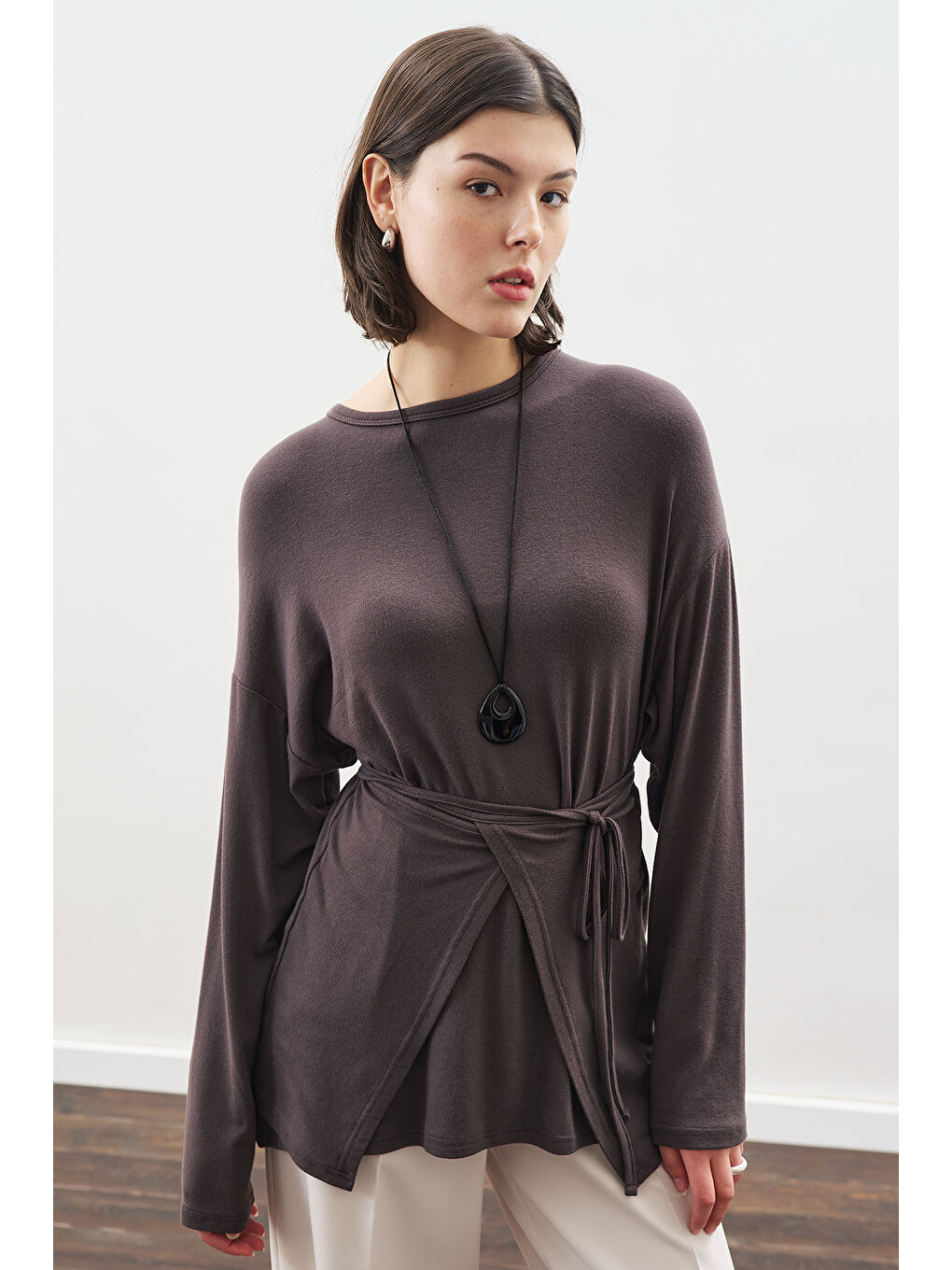 Beli Bağlama Tasarımlı Bluz Antrasit-3