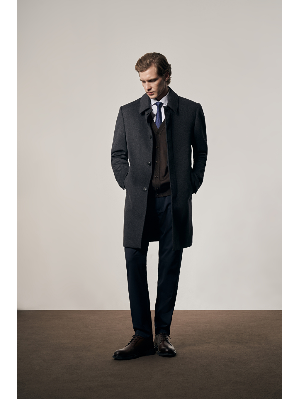 Koyu Antrasit 110 Cm Kaşe Düz Sırt Kapitoneli Astar Comfort Fit Classic Palto 1005245154-1