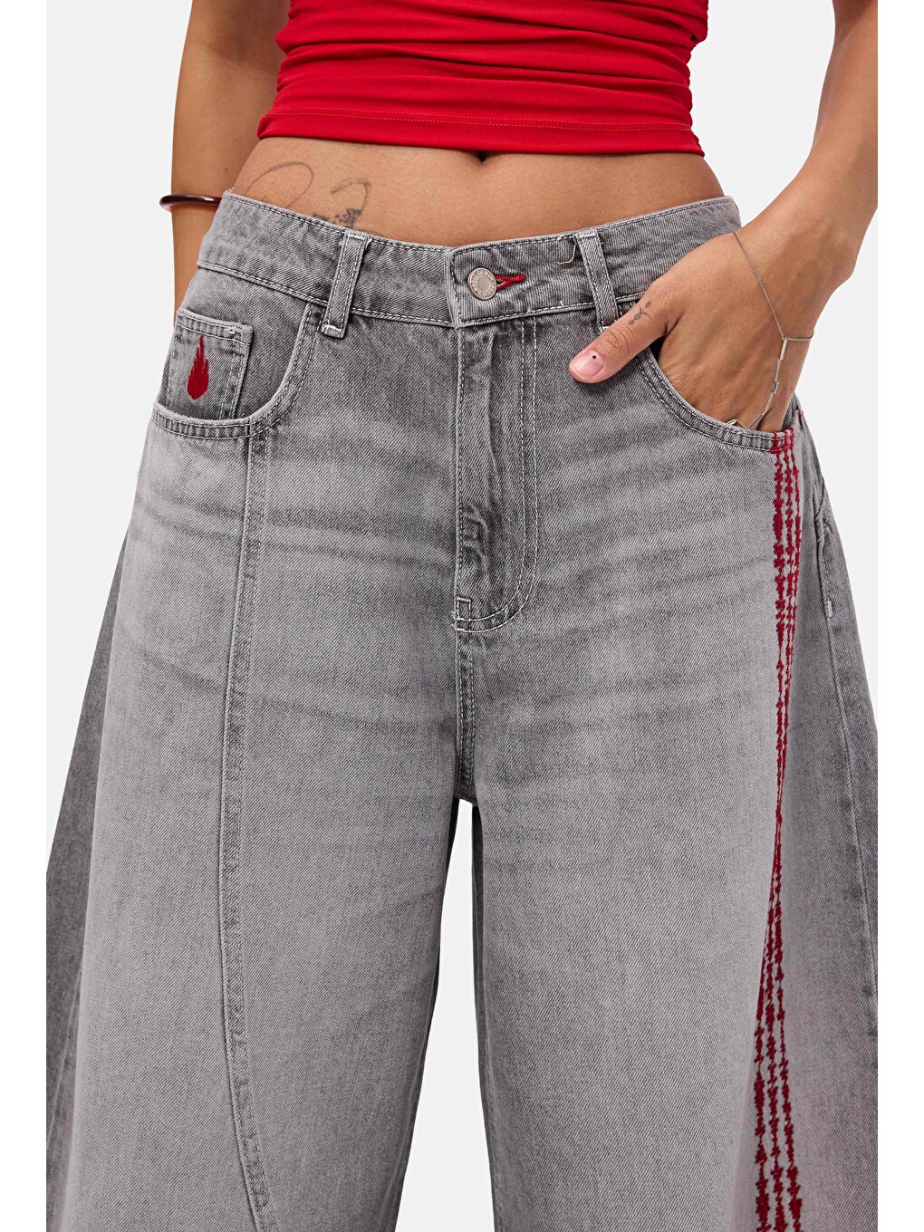 Gri Kadın Füme 4s6-13 Süper Baggy Nakışlı Özel Tasarım Jort-4
