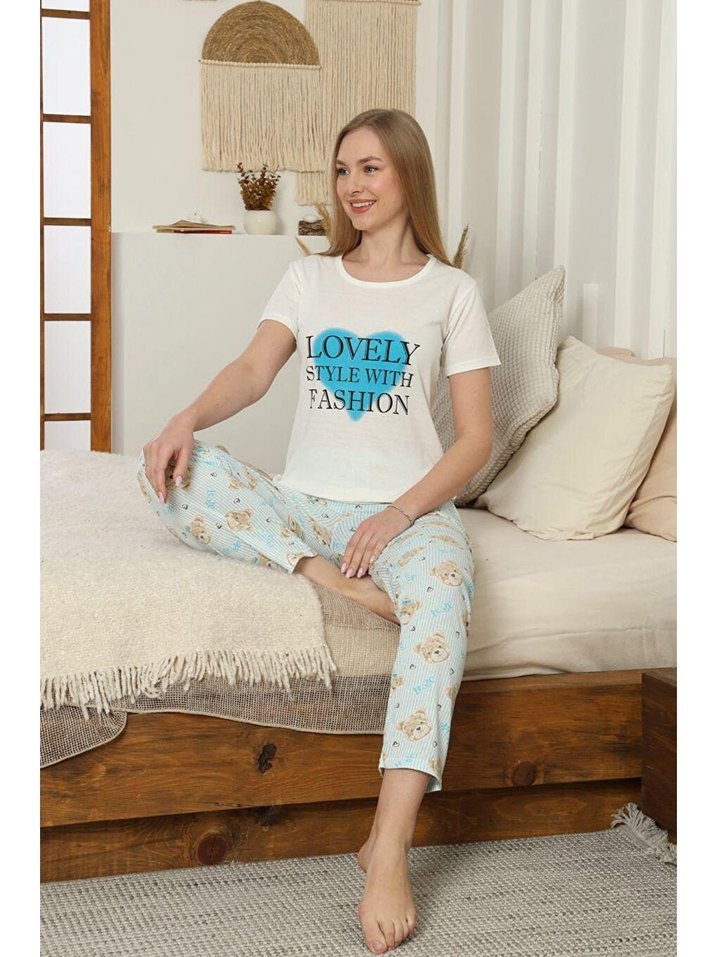 Mavi Ekose Desenli Bisiklet Yaka Pijama Takımı