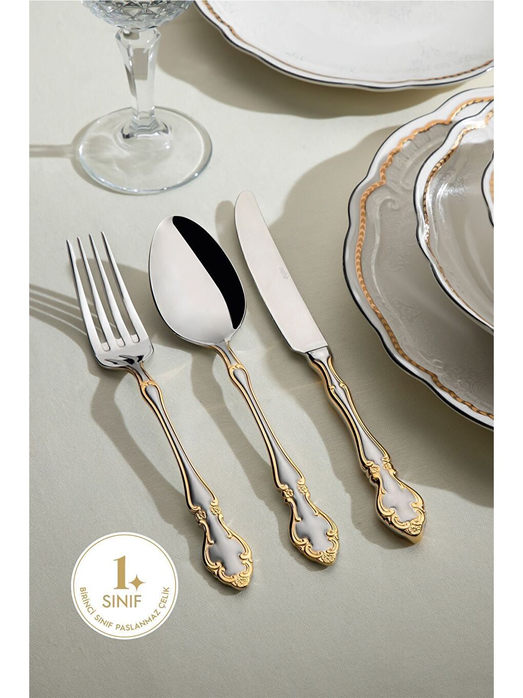 Sarı Adriana Altın Saten 12 Kişilik 84 Parça Kutulu Çatal Kaşık Bıçak Takımı-4