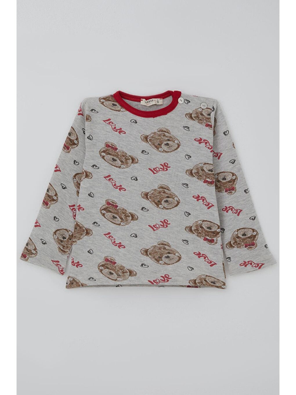 Kız Bebek Pijama Takımı Sevgi Temalı Fiyonklu Ayıcık Desenli Açık Gri Melanj (9 Ay-3 Yaş)-1