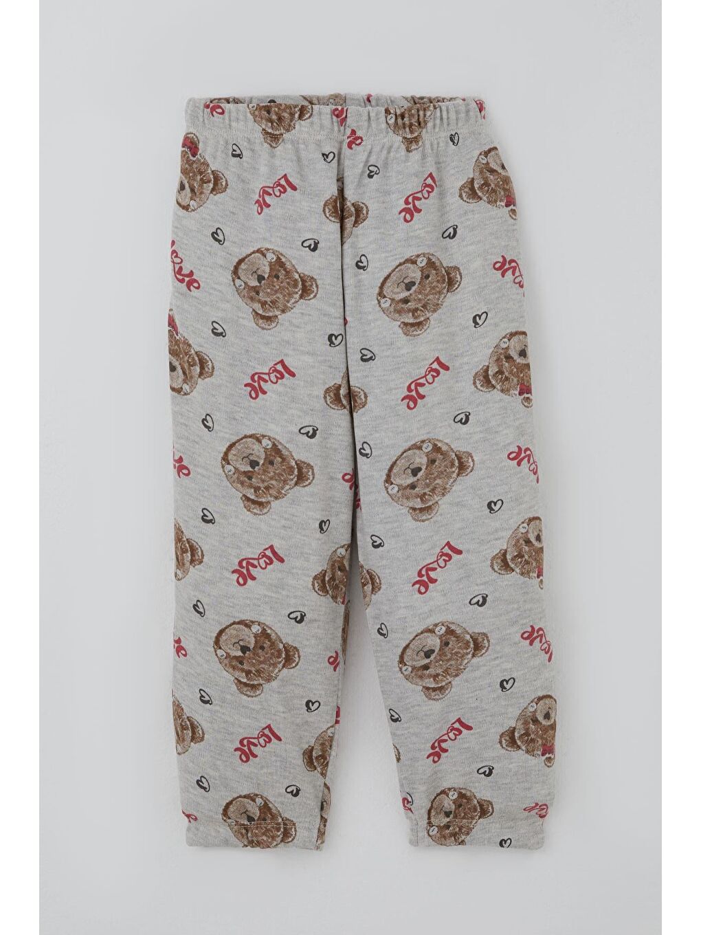 Kız Bebek Pijama Takımı Sevgi Temalı Fiyonklu Ayıcık Desenli Açık Gri Melanj (9 Ay-3 Yaş)-2