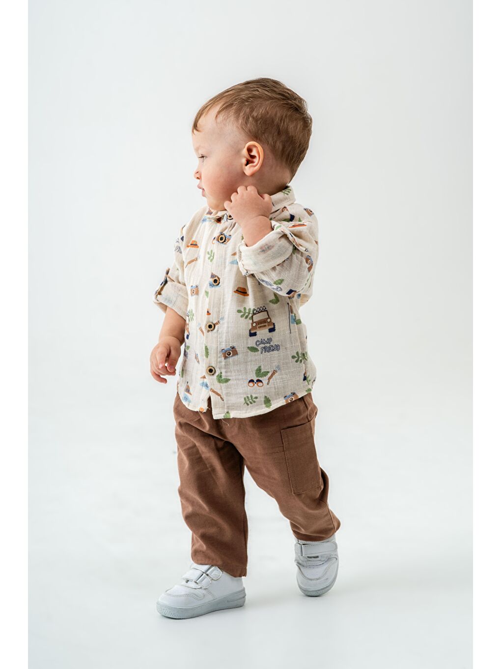 Karışık Erkek Çocuk Müslin Krem Safari Desenli Gömlek Ve Kahverengi Pantolon Takım-1