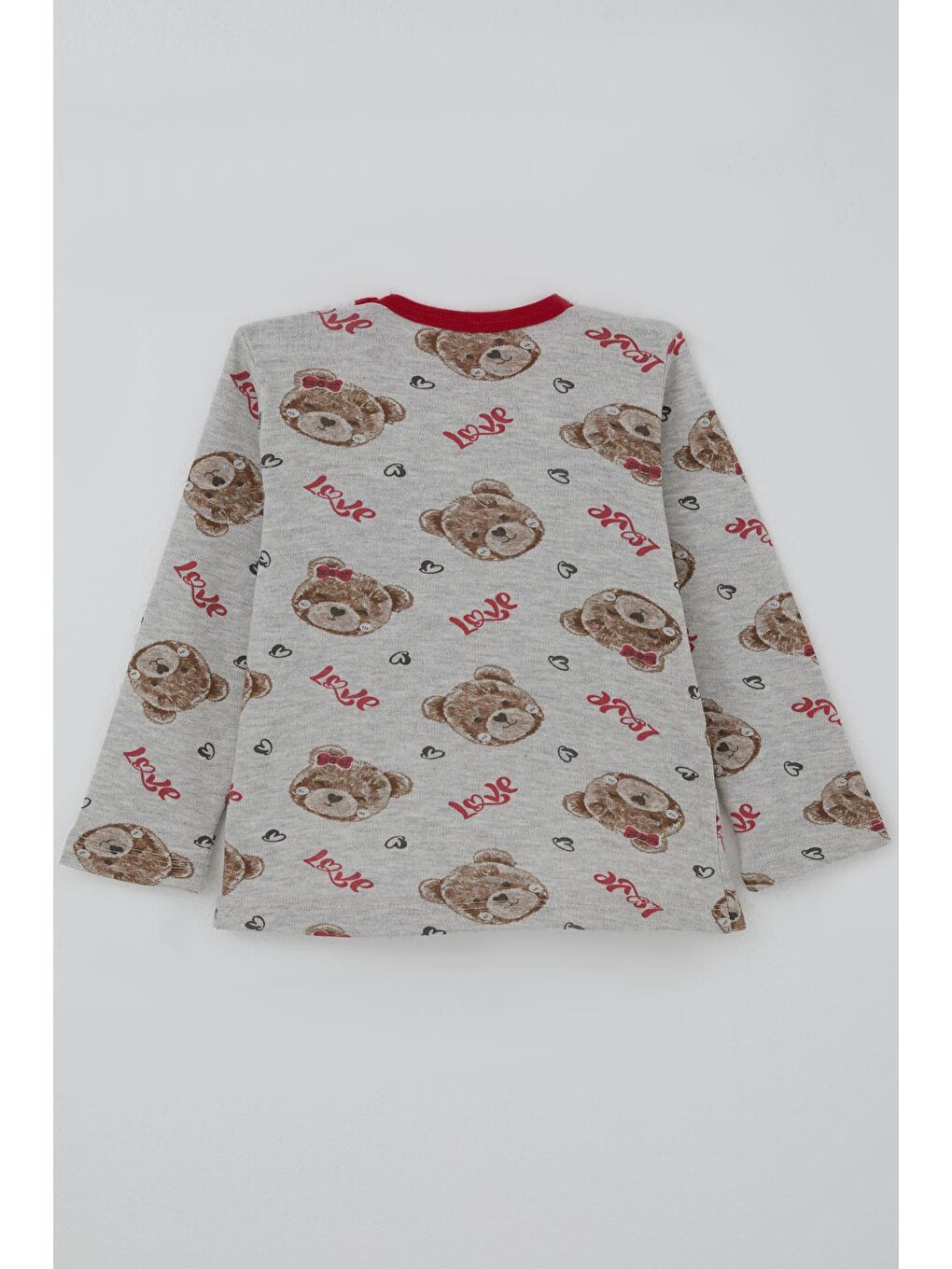 Kız Bebek Pijama Takımı Sevgi Temalı Fiyonklu Ayıcık Desenli Açık Gri Melanj (9 Ay-3 Yaş)-3