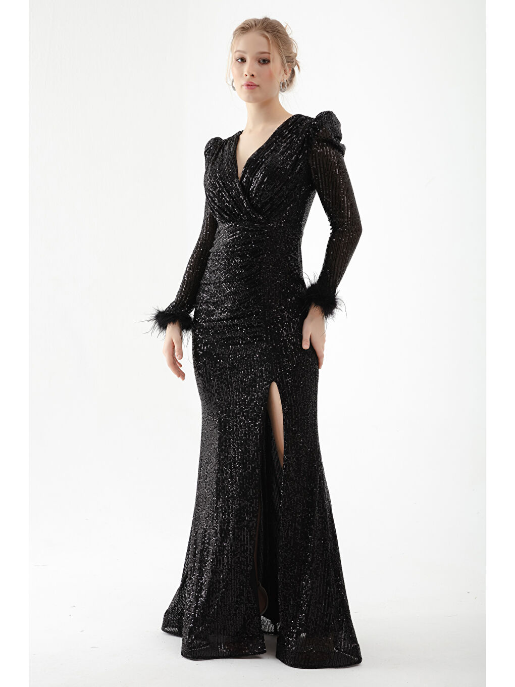 Kadın Siyah Kruvaze Yaka Payetli Uzun Abiye Elbise-2