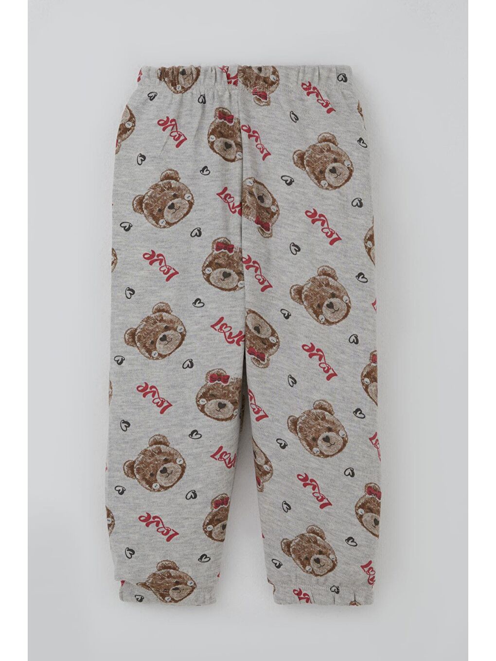 Kız Bebek Pijama Takımı Sevgi Temalı Fiyonklu Ayıcık Desenli Açık Gri Melanj (9 Ay-3 Yaş)-4