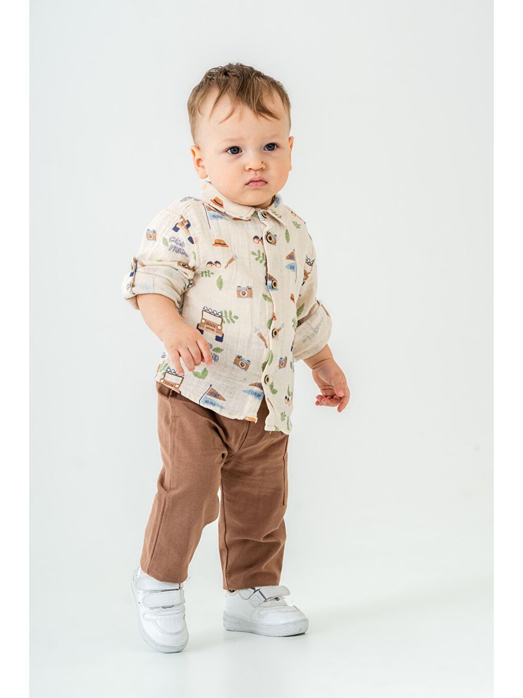 Karışık Erkek Çocuk Müslin Krem Safari Desenli Gömlek Ve Kahverengi Pantolon Takım-2