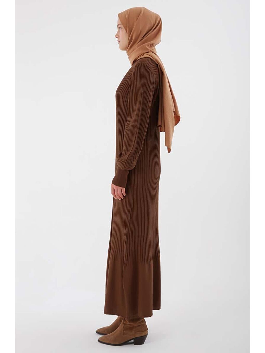Kahverengi Taba-Dik Yaka Fitilli Triko Elbise-2