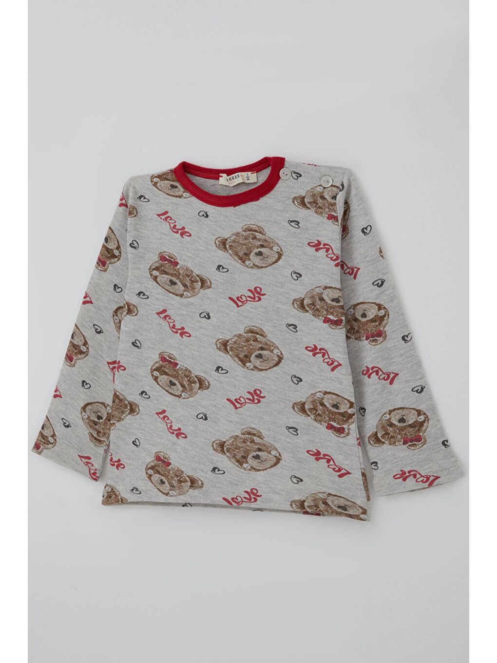 Kız Bebek Pijama Takımı Sevgi Temalı Fiyonklu Ayıcık Desenli Açık Gri Melanj (9 Ay-3 Yaş)-5