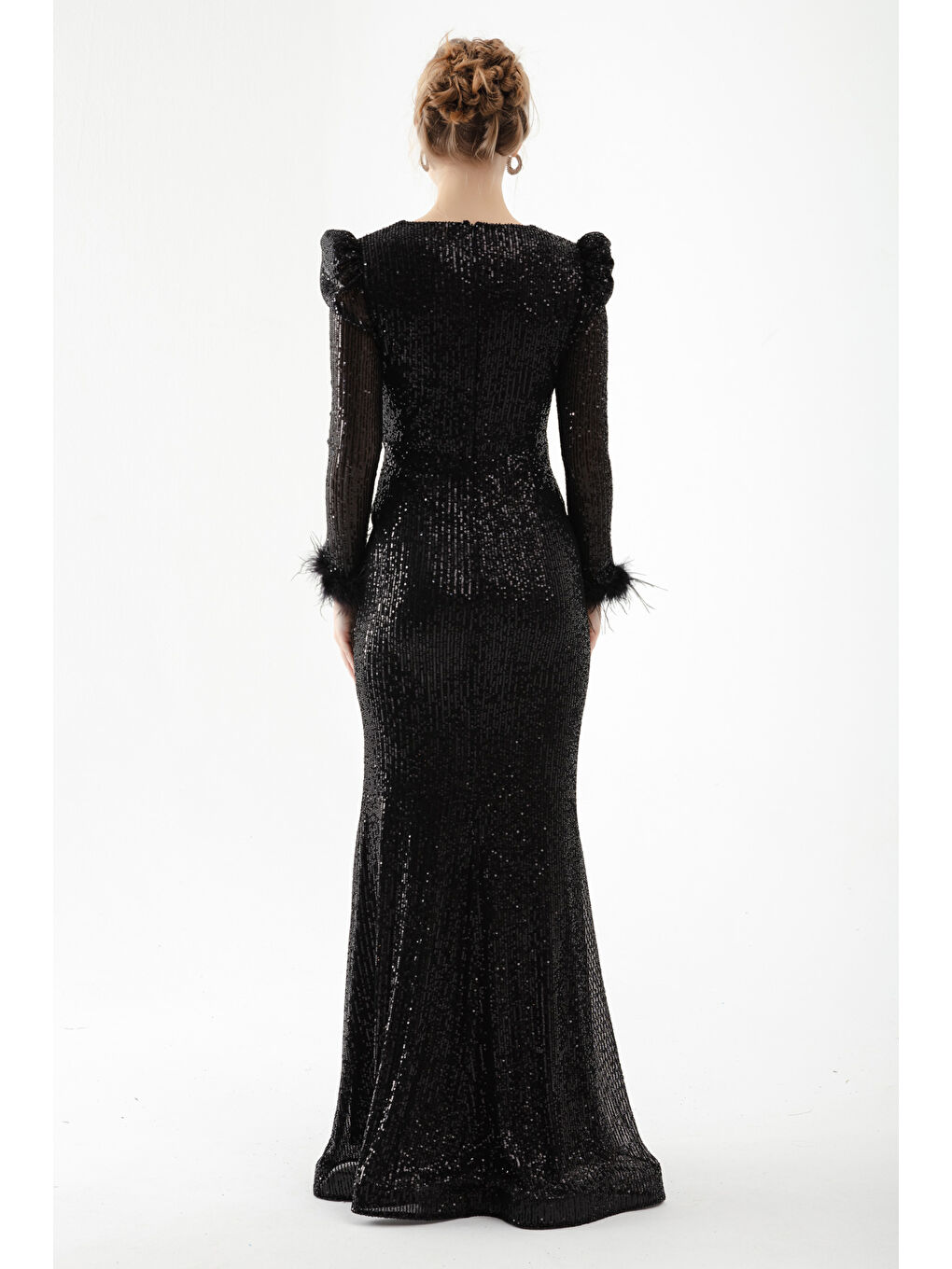 Kadın Siyah Kruvaze Yaka Payetli Uzun Abiye Elbise-4