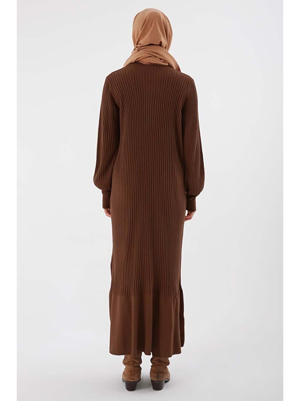 Kahverengi Taba-Dik Yaka Fitilli Triko Elbise-3