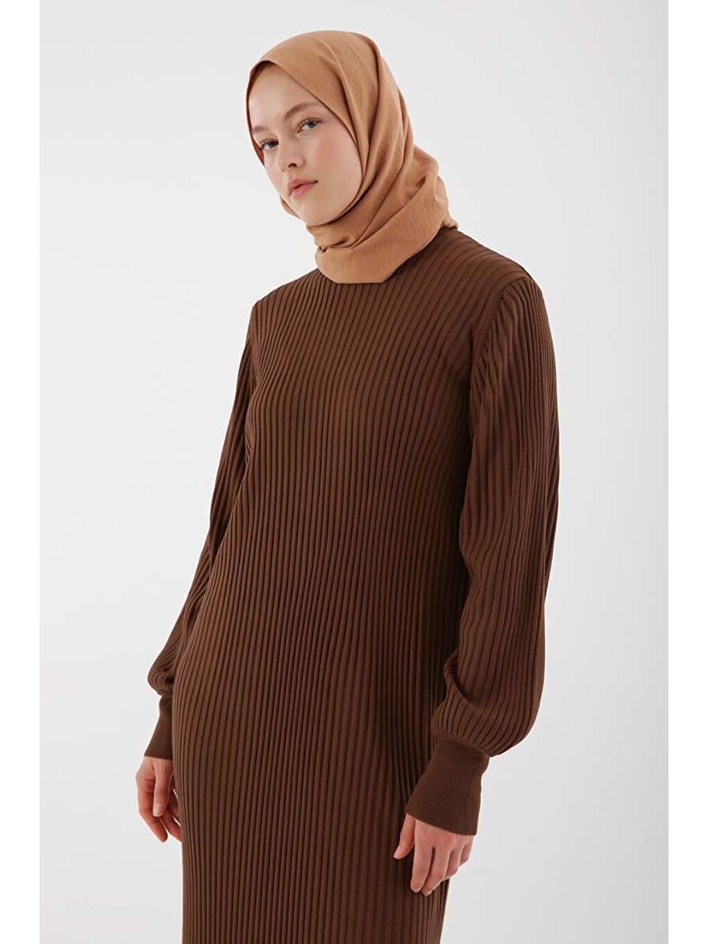 Kahverengi Taba-Dik Yaka Fitilli Triko Elbise-4