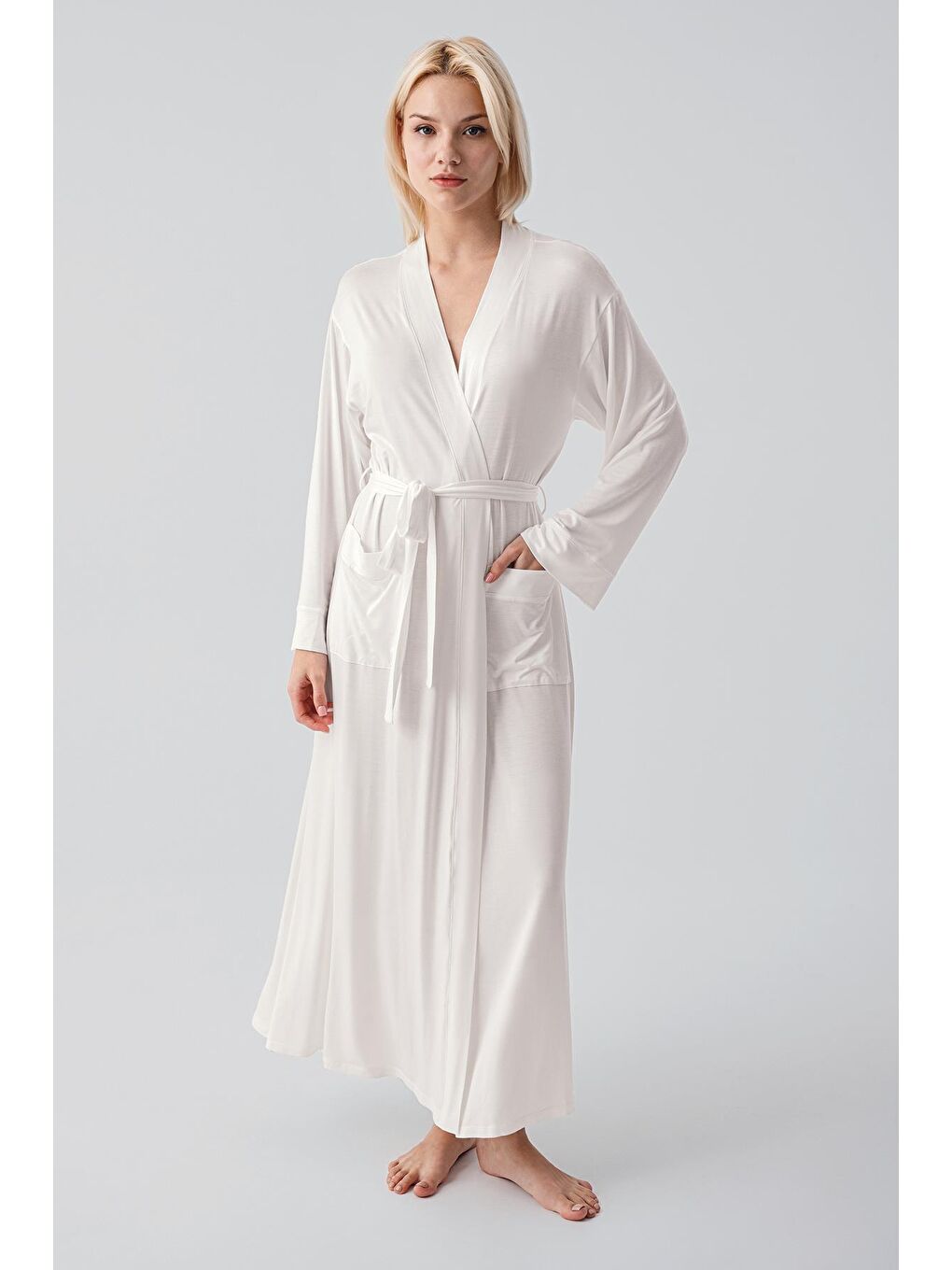 Ekru Uzun Kollu Elastanlı Esnek Viskoz Soft Sabahlık 19500