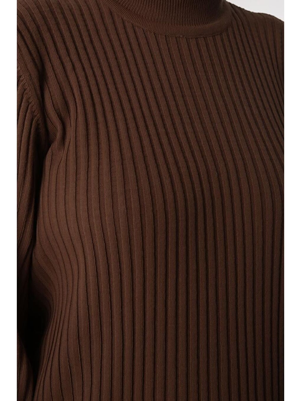 Kahverengi Taba-Dik Yaka Fitilli Triko Elbise-5