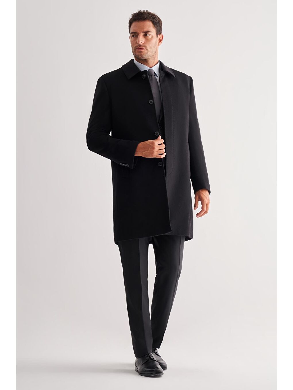 Siyah 110 Cm Kaşe Düz Sırt Kapitoneli Astar Comfort Fit Classic Palto 1005245154-1
