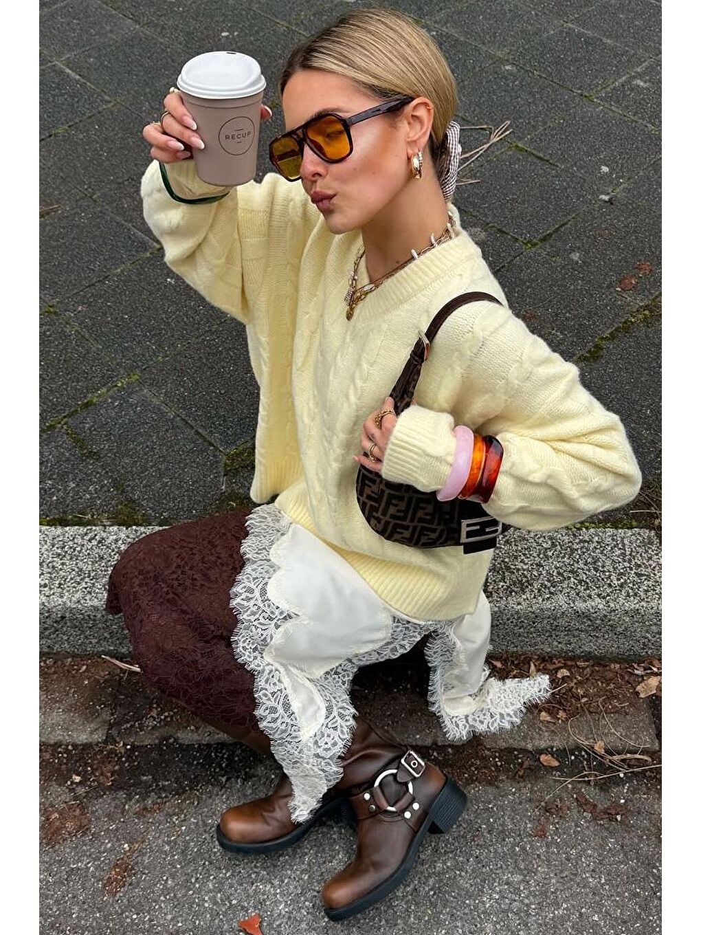 Sarı V Yaka Örgü Desenli Triko Kadın Kazak Mg2684-2