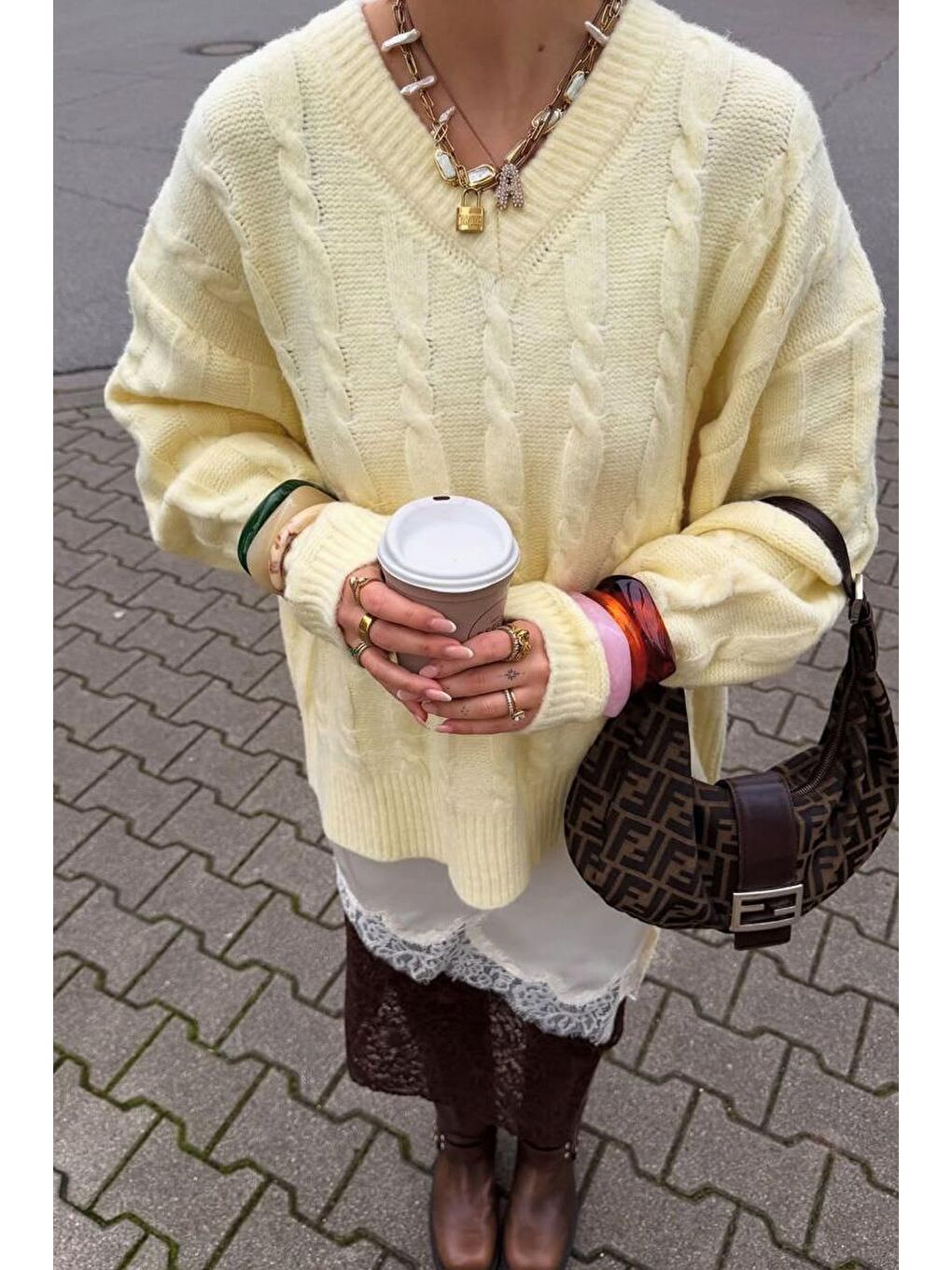 Sarı V Yaka Örgü Desenli Triko Kadın Kazak Mg2684-3