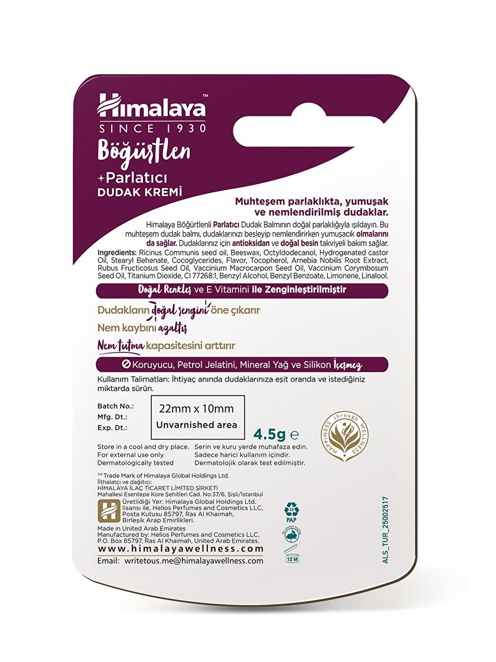 Parlatıcı Dudak Bakım Kremi, Böğürtlen, Nemlendirici, %100 Doğal Renk, Silikon Içermez, 4,5gr 3 Adet-1