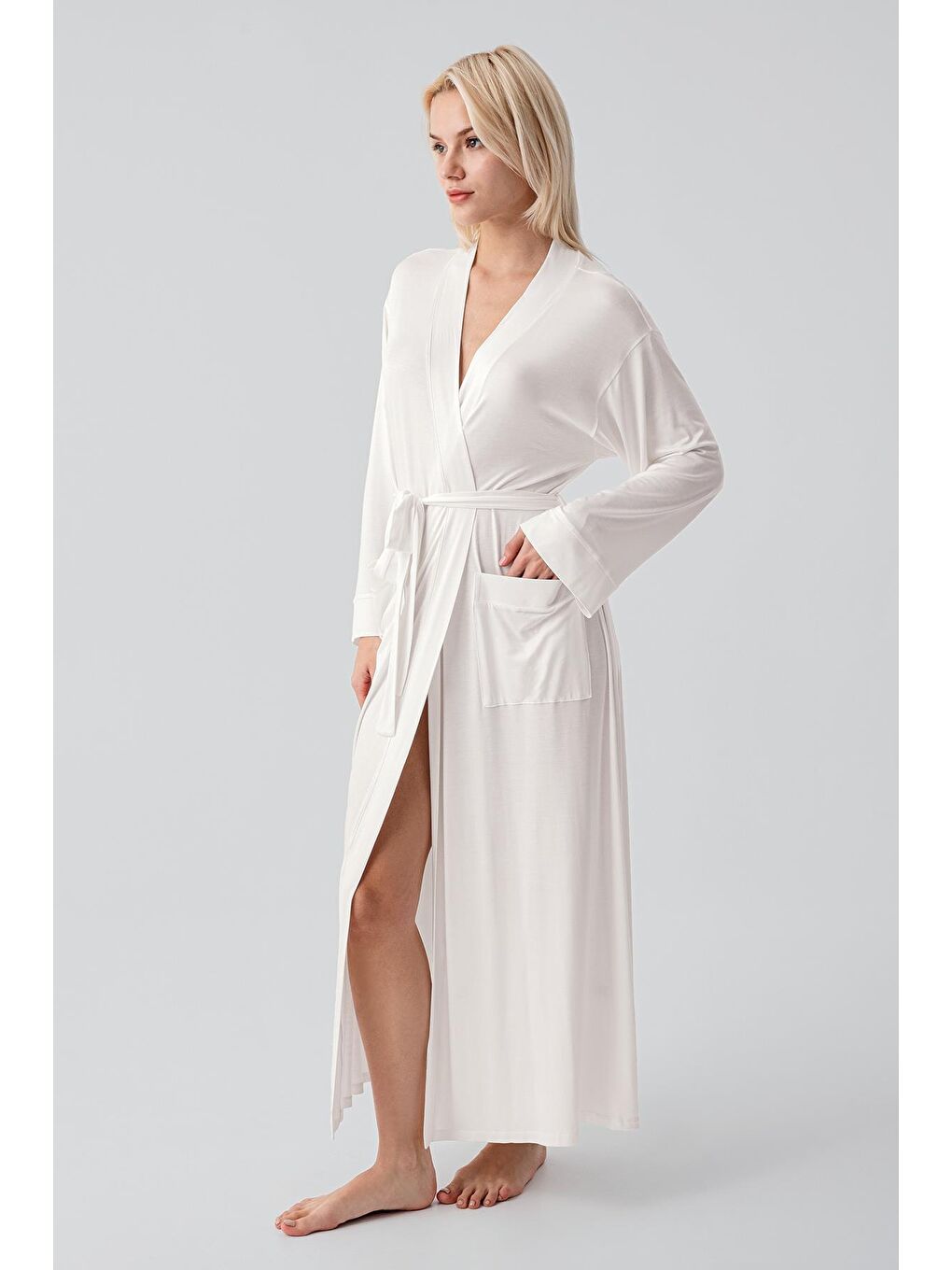 Ekru Uzun Kollu Elastanlı Esnek Viskoz Soft Sabahlık 19500-1