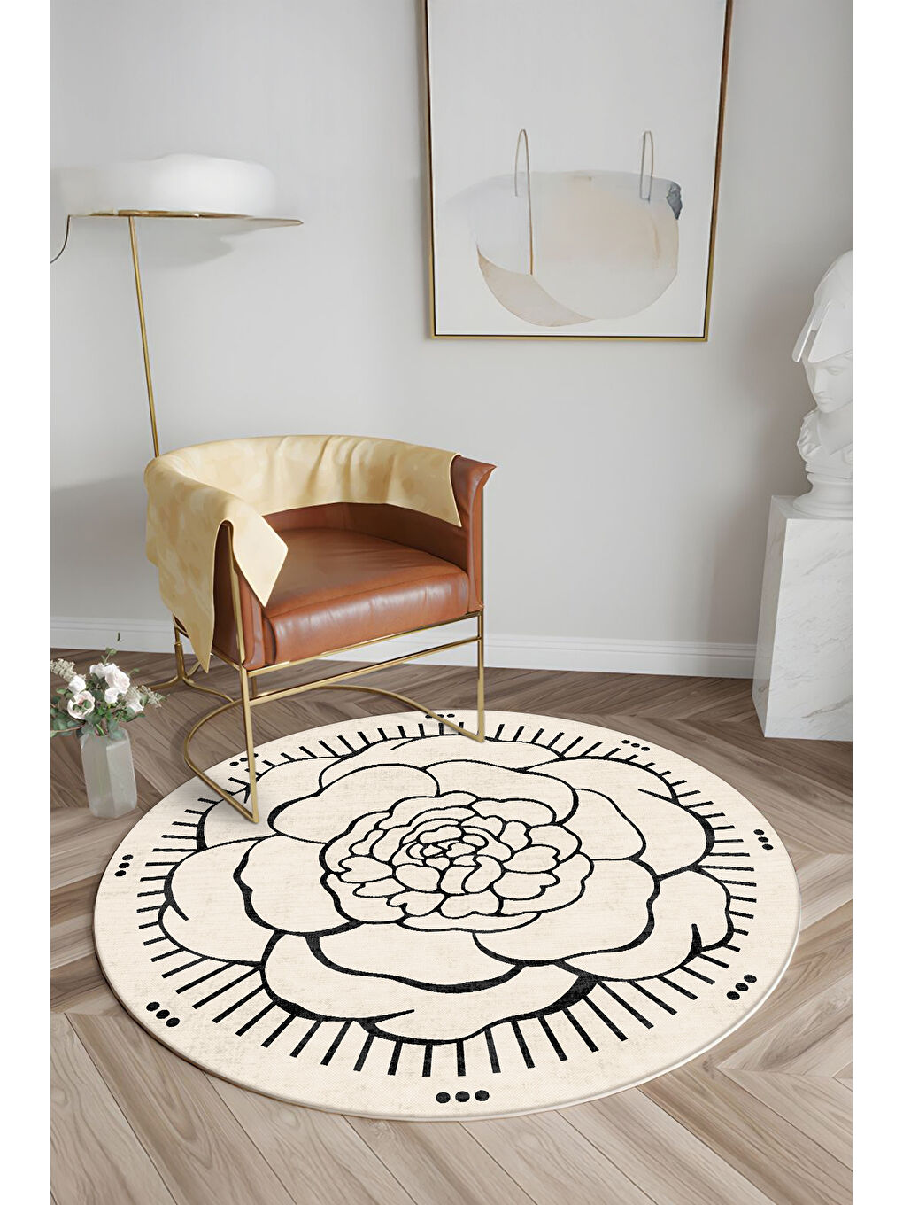 Ekru Dekoratif Salon Halısı, Makinada Yıkanabilir, Kaymaz Taban, İnce & Modern Tasarım-3