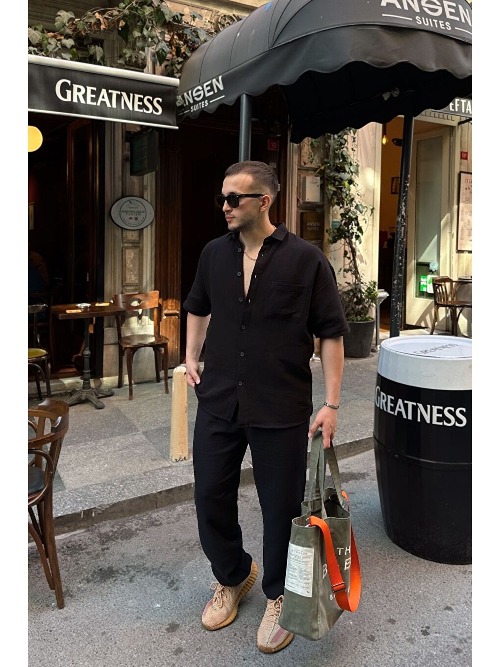 Siyah Lora Erkek Yazlık Pamuk Gömlek Kısa Kollu Cepli Bol Kesim-1