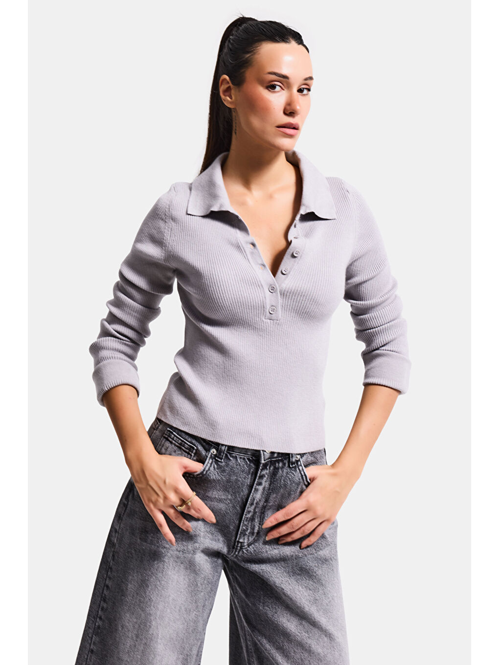 Kadın Gri Renk w5-12 Polo Yaka Viskon Esnek Kumaş Triko