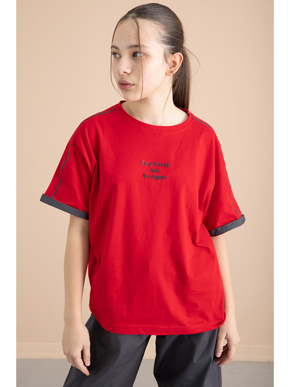 Haki Füme Kız Çocuk Paraşüt Pantolonlu 2li Takım 20390-1