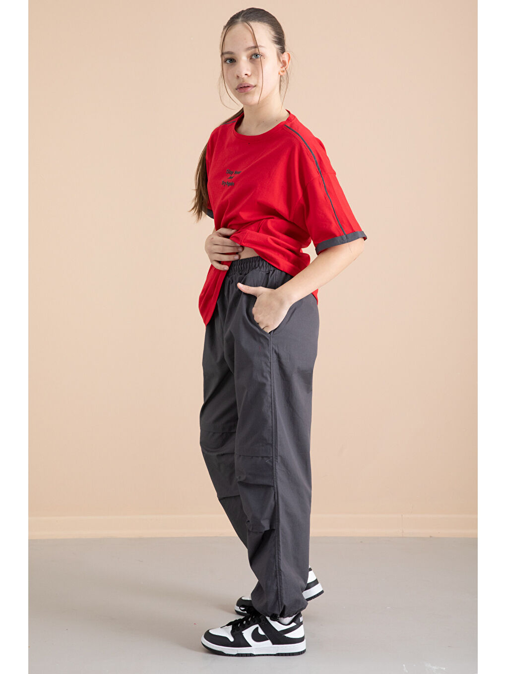 Haki Füme Kız Çocuk Paraşüt Pantolonlu 2li Takım 20390-2