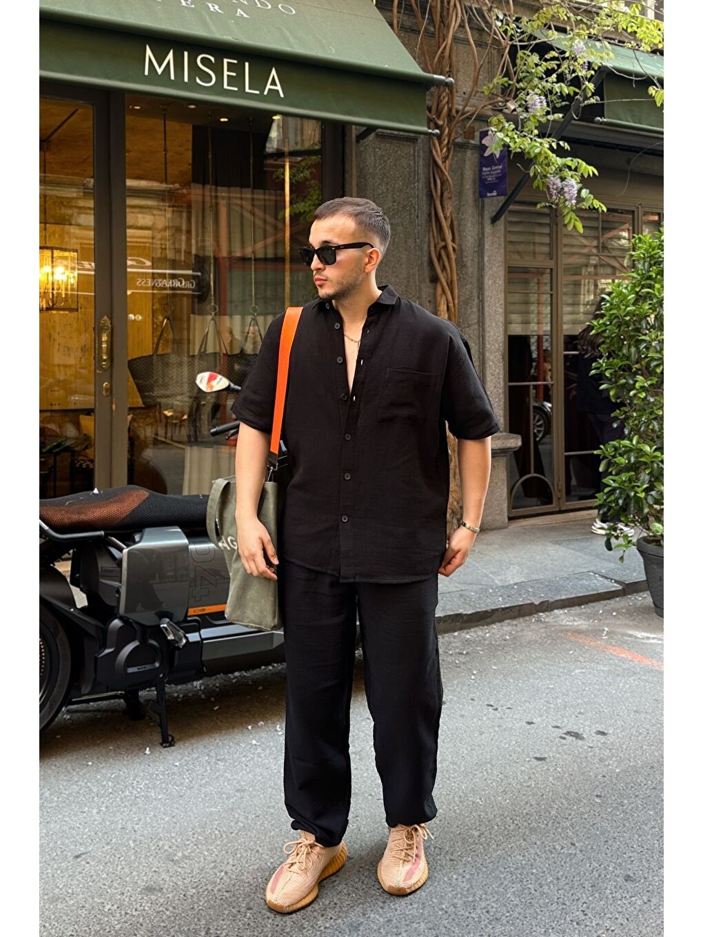 Siyah Lora Erkek Yazlık Pamuk Gömlek Kısa Kollu Cepli Bol Kesim-2