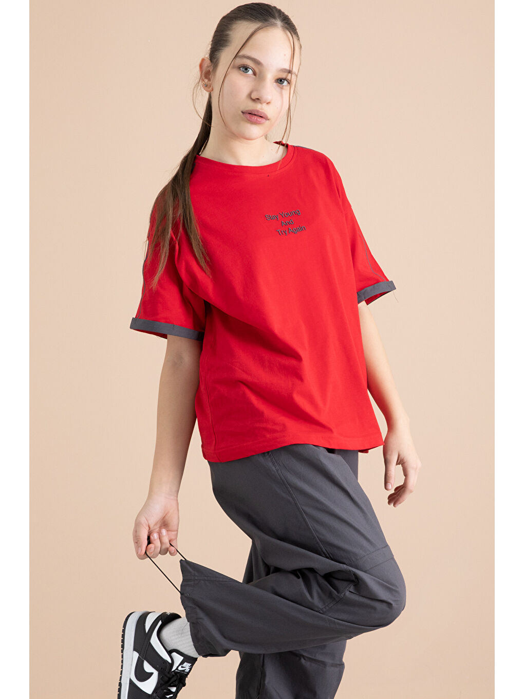 Haki Füme Kız Çocuk Paraşüt Pantolonlu 2li Takım 20390-3