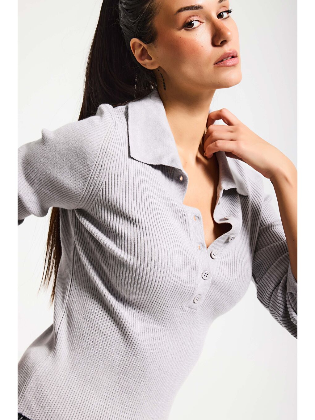 Kadın Gri Renk w5-12 Polo Yaka Viskon Esnek Kumaş Triko-1