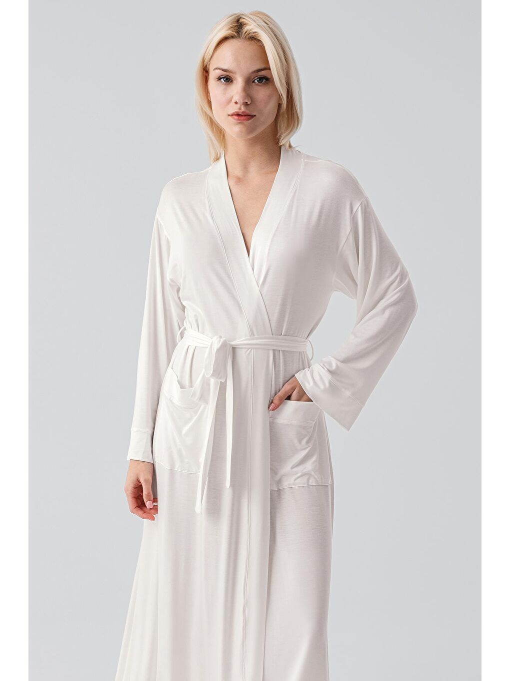 Ekru Uzun Kollu Elastanlı Esnek Viskoz Soft Sabahlık 19500-2