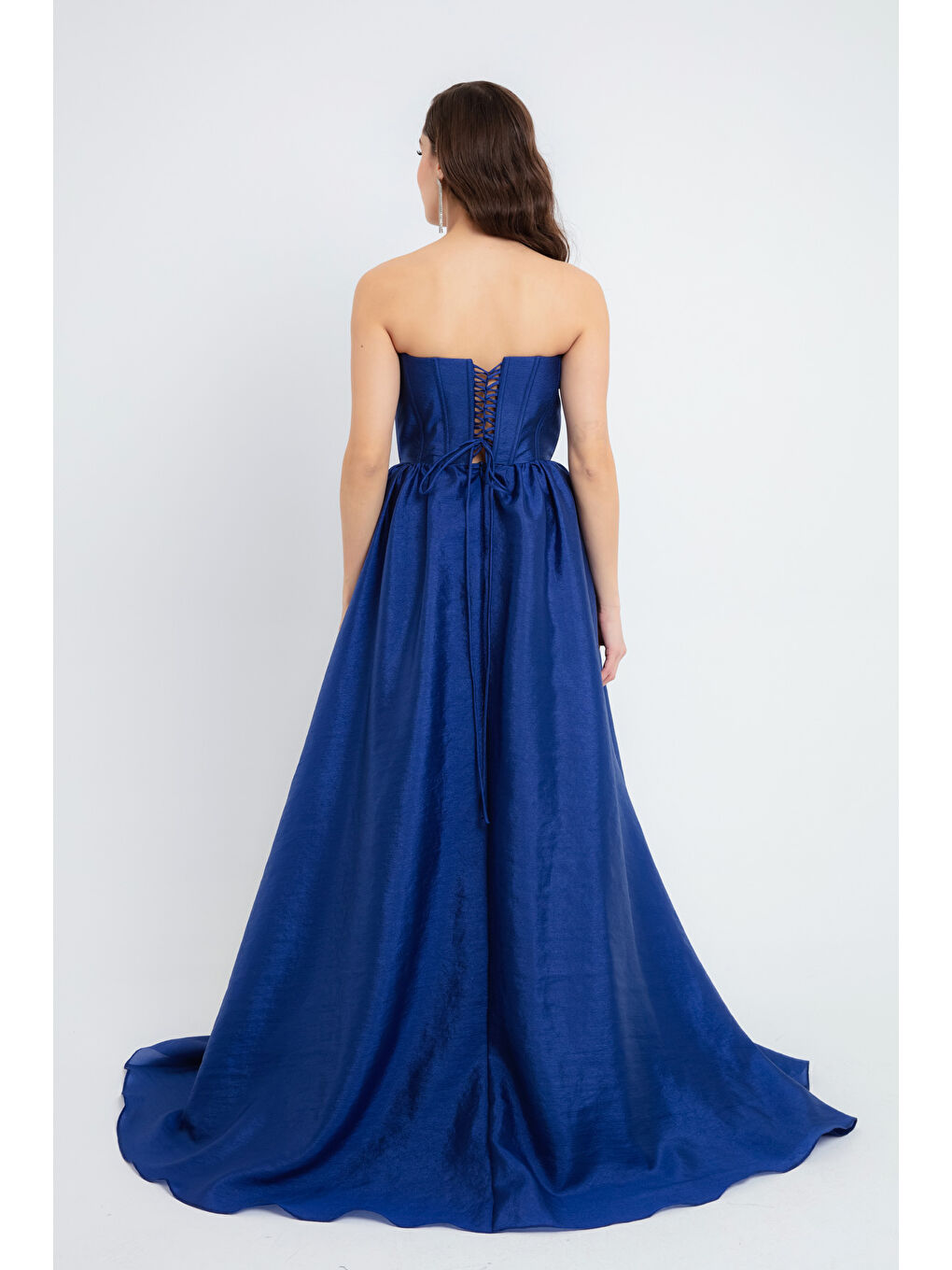 Kadın Lacivert Yakası Gül Detaylı Yırtmaçlı Uzun Abiye Elbise-4