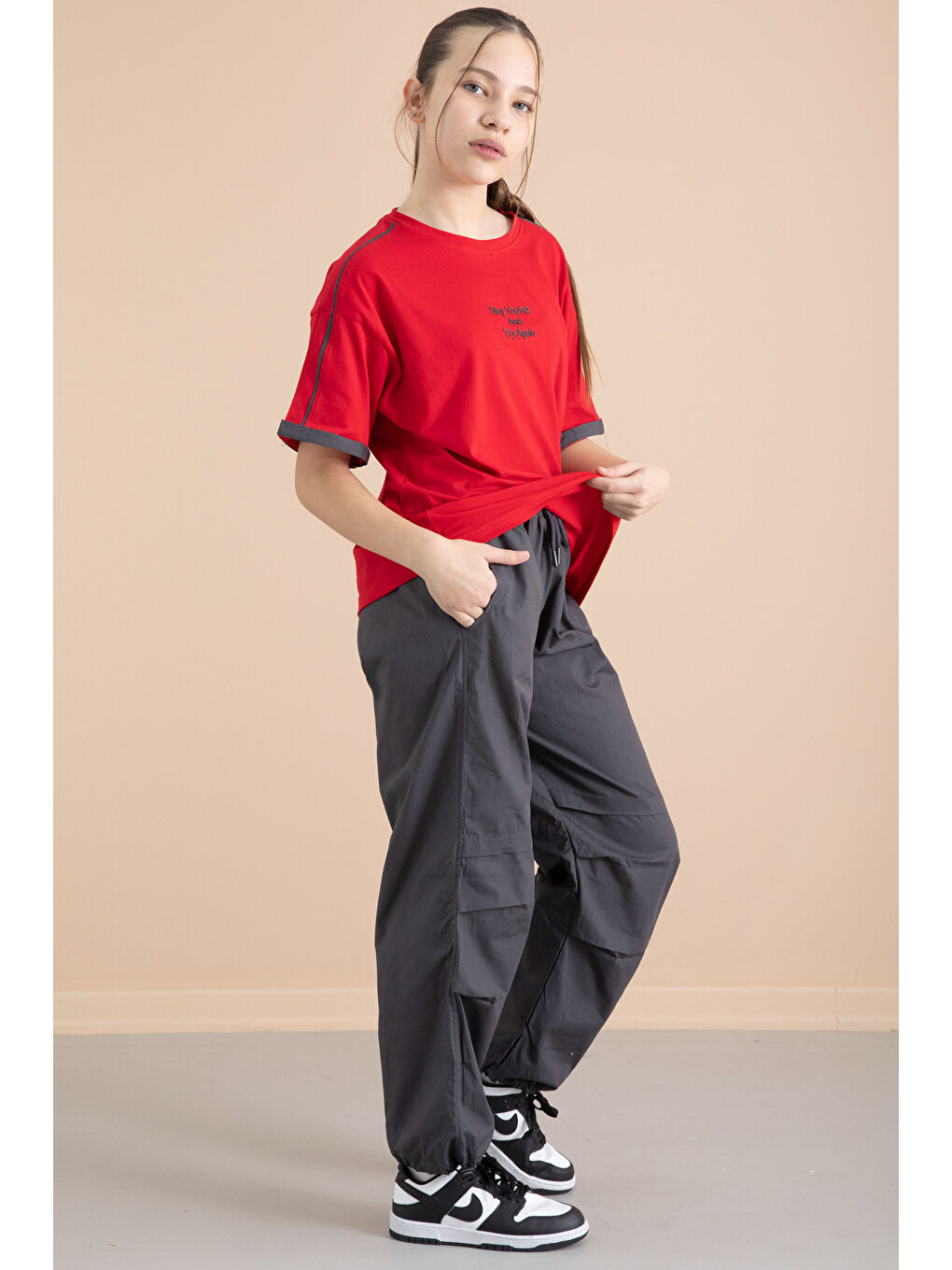 Haki Füme Kız Çocuk Paraşüt Pantolonlu 2li Takım 20390-4