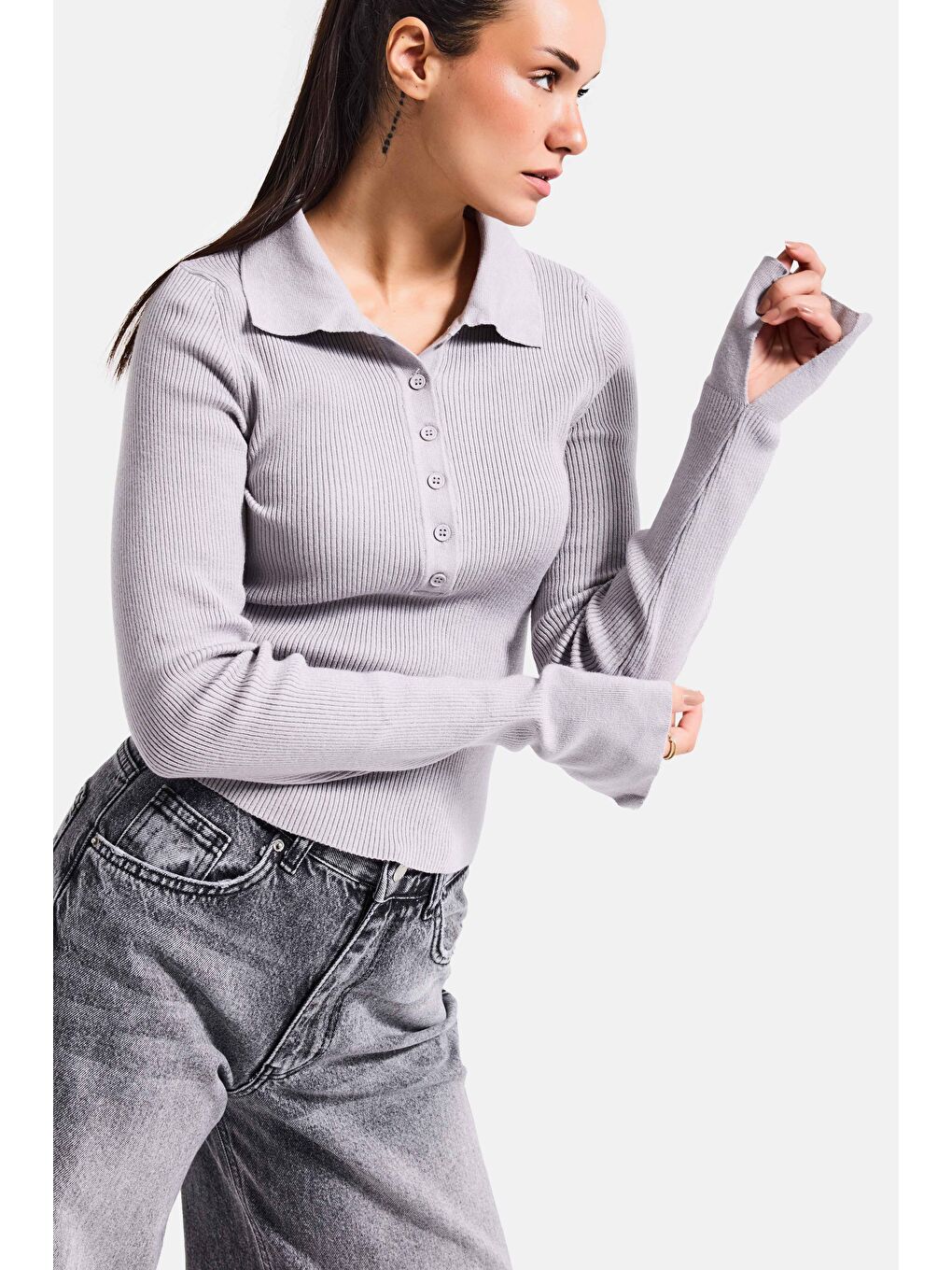 Kadın Gri Renk w5-12 Polo Yaka Viskon Esnek Kumaş Triko-2